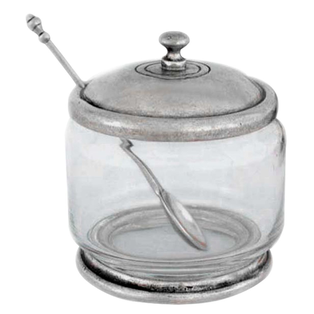 Pewter Jar with Spoon /  D: 9  H: 10 cms.