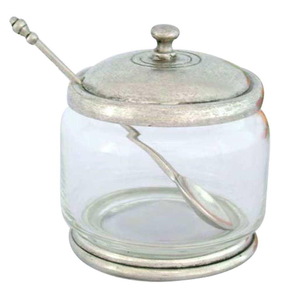 Glass Jam Jar w/Spoon /  D: 9  H: 10  cms.