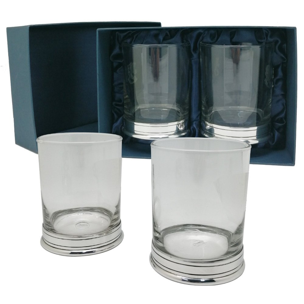 Whiskey Glass w/Pewter Base, Pair in Giftbox