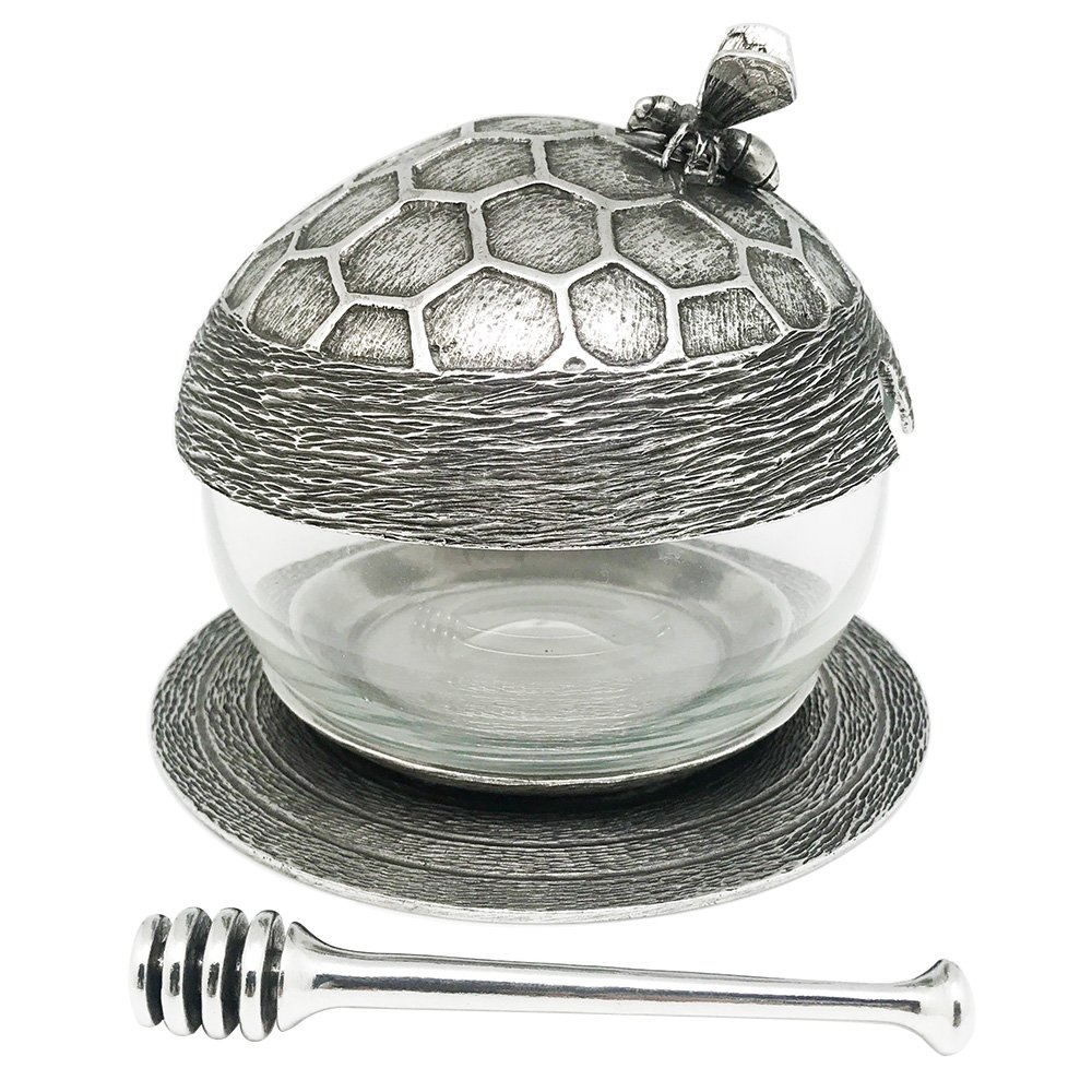 Pewter Honey Pot, LGE., w/Dipper and Base, Bee ornament
