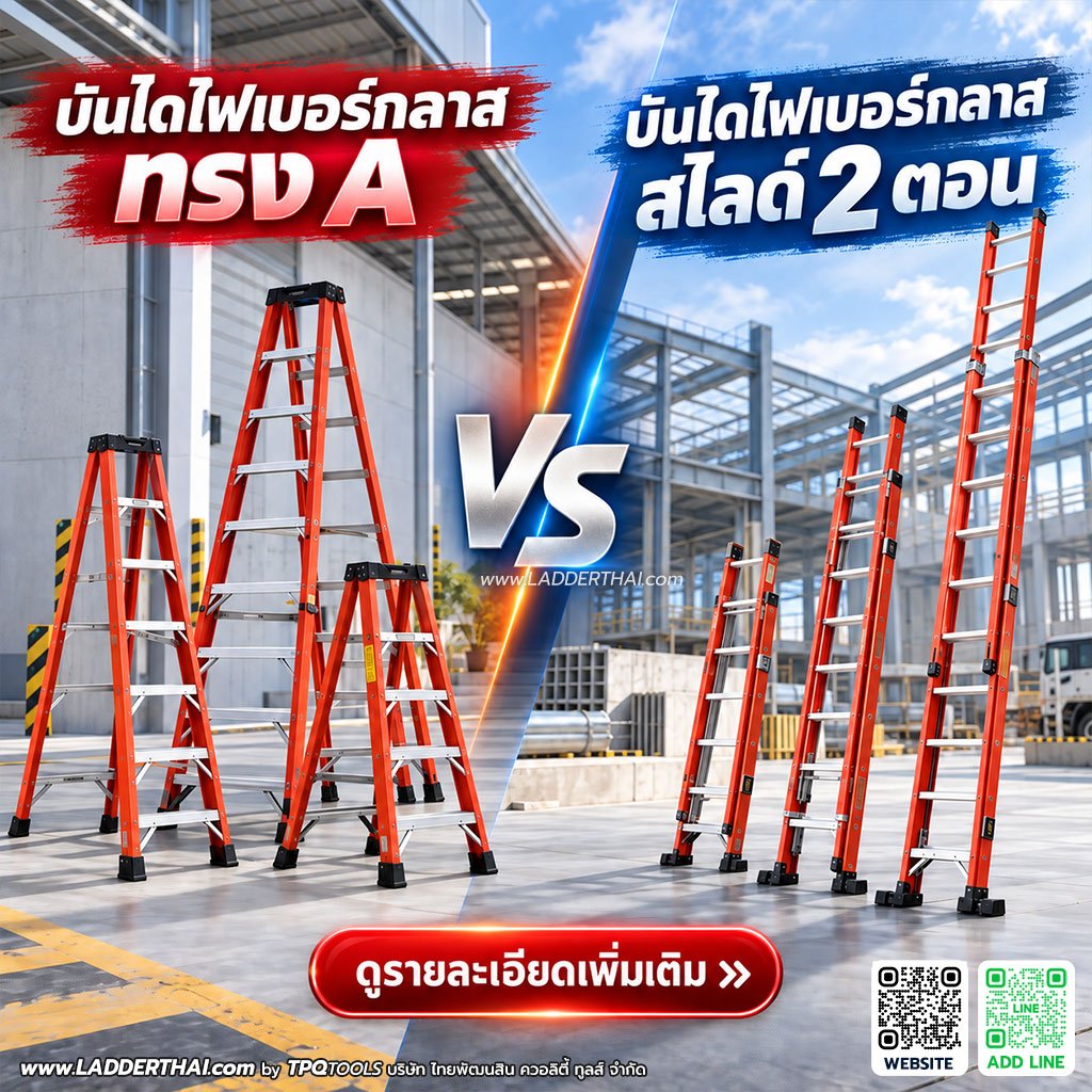 บันไดไฟเบอร์กลาสทรง A กับบันไดไฟเบอร์กลาสสไลด์ 2 ตอน ต่างกันอย่างไร? ช่างไฟฟ้าและโรงงานควรเลือกแบบไหน