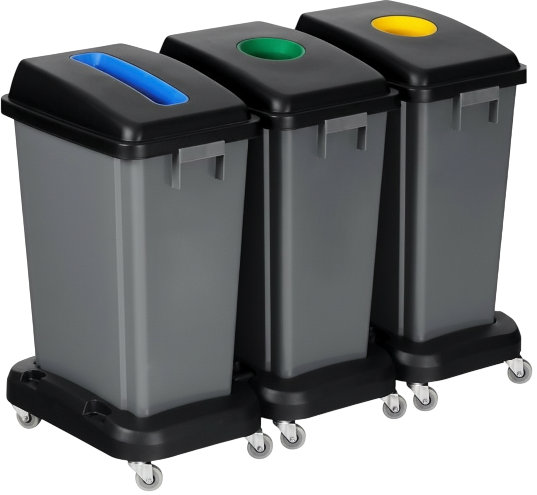 ชุดถังขยะทรงเหลี่ยม มีฝาปิด 3ช่อง ติดตั้งล้อ แยกประเภทขยะได้ สีเทา ขนาด 180 ลิตร ตรา HORECAT 56077