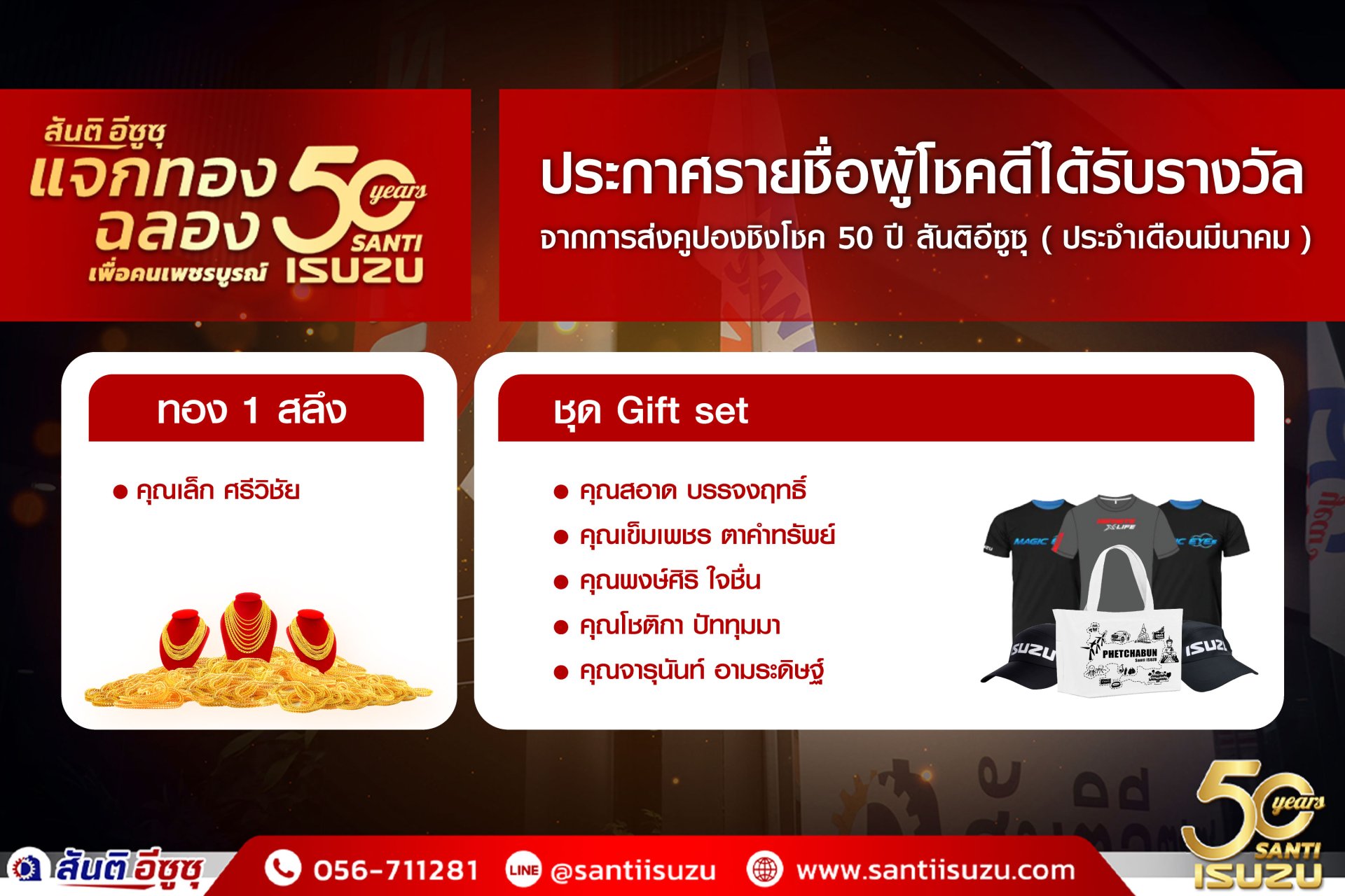ประกาศรายชื่อผู้โชคดี ส่งคูปอง ฉลอง 50 ปีสันติอีซูซุ ครั้งที่ 3  ประกาศรายชื่อผู้โชคดี ส่งคูปอง ฉลอง 50 ปีสันติอีซูซุ ครั้งที่ 3
