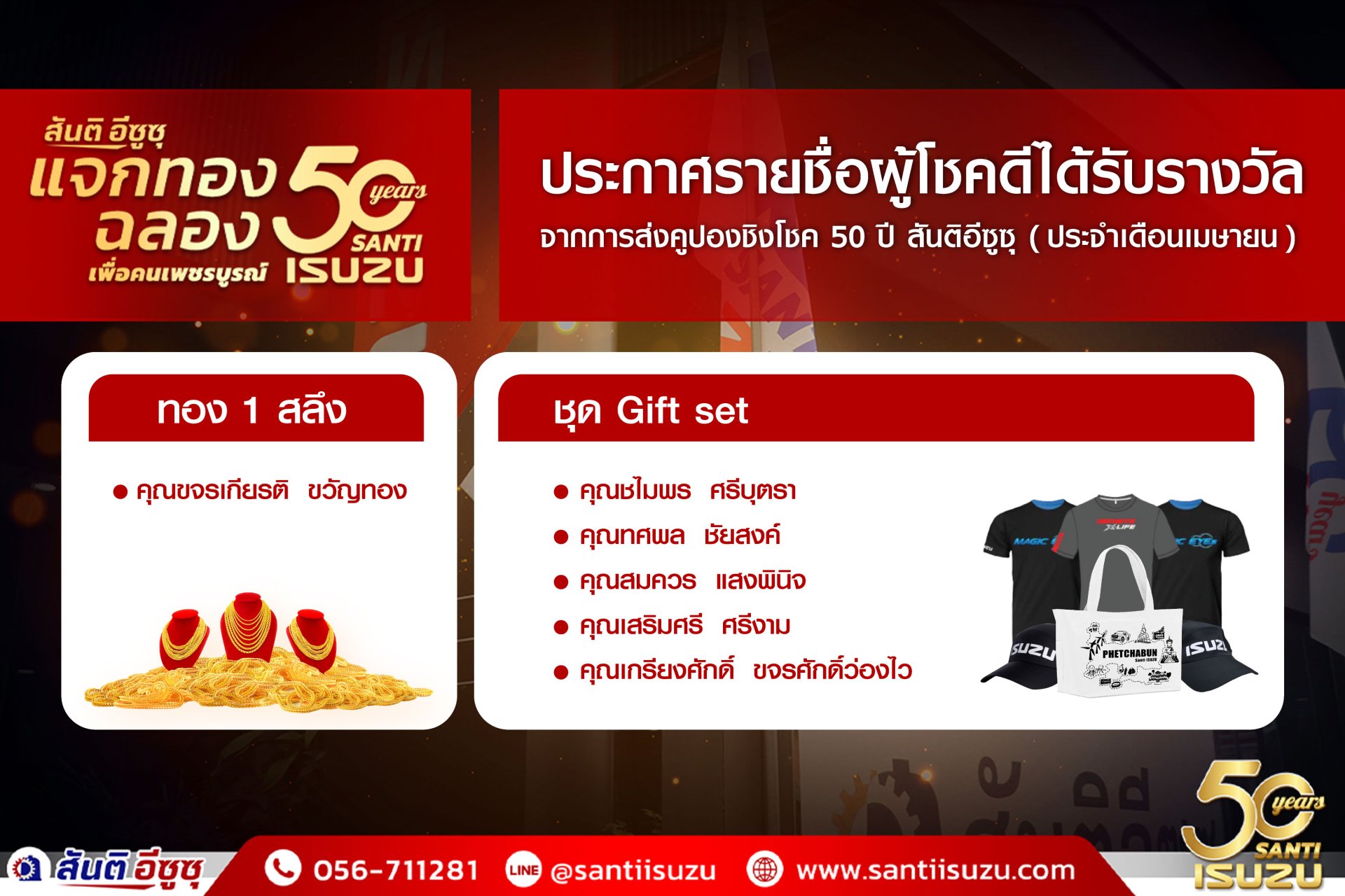 ประกาศรายชื่อผู้โชคดี ส่งคูปอง ฉลอง 50 ปีสันติอีซูซุ ครั้งที่ 4 ประกาศรายชื่อผู้โชคดี ส่งคูปอง ฉลอง 50 ปีสันติอีซูซุ ครั้งที่ 4