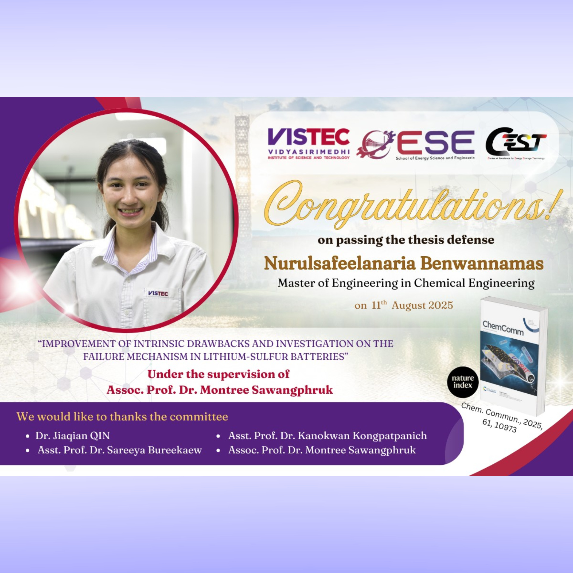 Congratulations! to Nurulsafeelanaria on passing her thesis defense. 