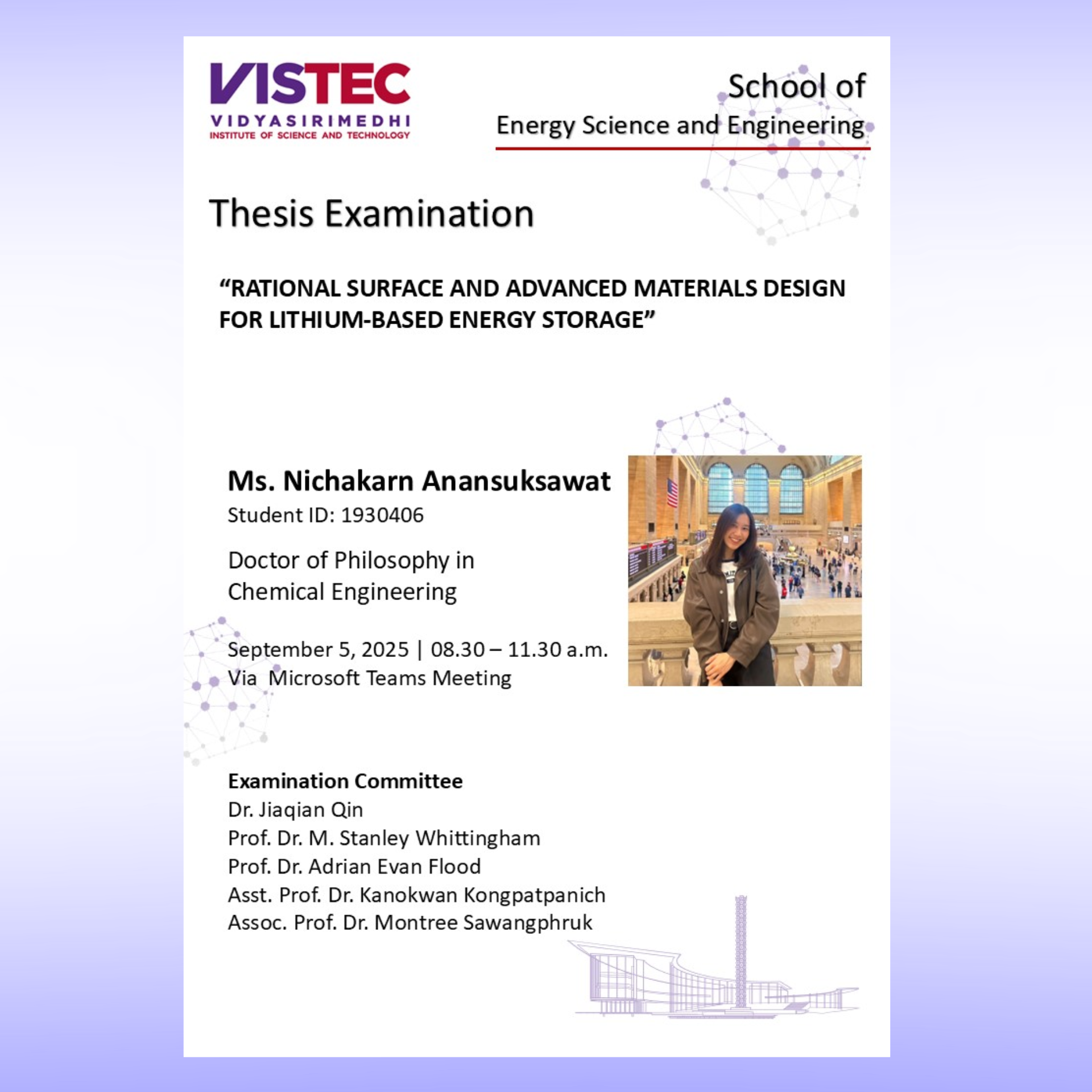 School of Energy Science and Engineering will hold Thesis defense Examinations for Ms. Nichakarn Anansuksawat (Ph.D.) Student ID No. 1930406