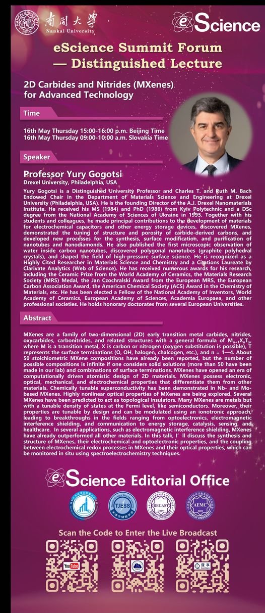 Ill give a talk about MXenes at the Zoom conference organized by eScience Journal tomorrow, May 16th. Scan QR codes to join on one of the three platforms. Drexel Nanomaterials Institute