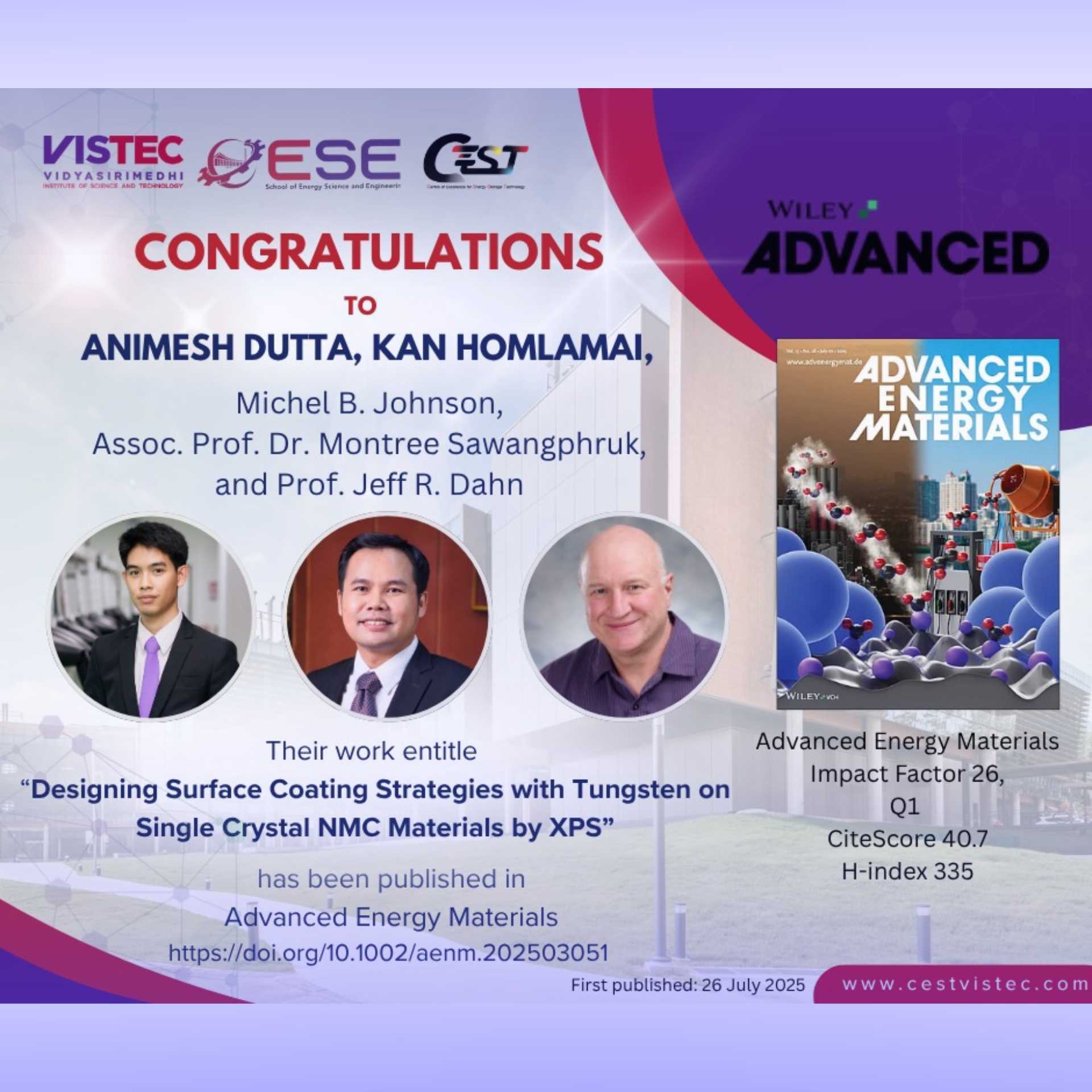 CONGRATULATIONS! to Animesh Dutta,  Kan Homlamai,  Michel B. Johnson,  Montree Sawangphruk,  and Jeff R. Dahn