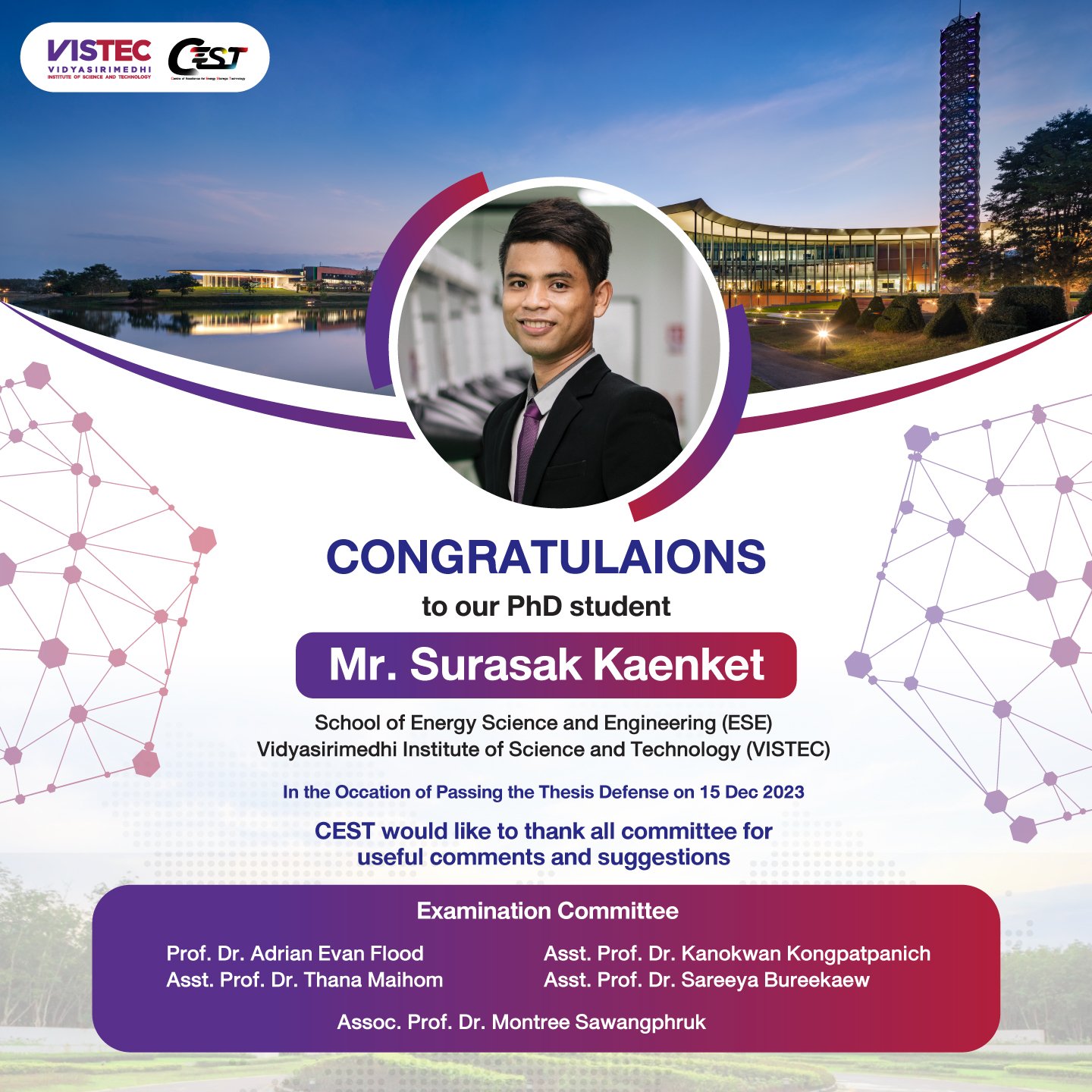 CONGRATULAIONS !!! to our PhD student Mr. Surasak Kaenket