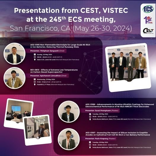 Don't miss out! Ph.D. students from CEST, VISTEC will be presenting their research at the 245th ECS meeting in San Francisco, CA! Don't miss out! Ph.D. students from CEST, VISTEC will be presenting their research at the 245th ECS meeting in San Francisco, CA!