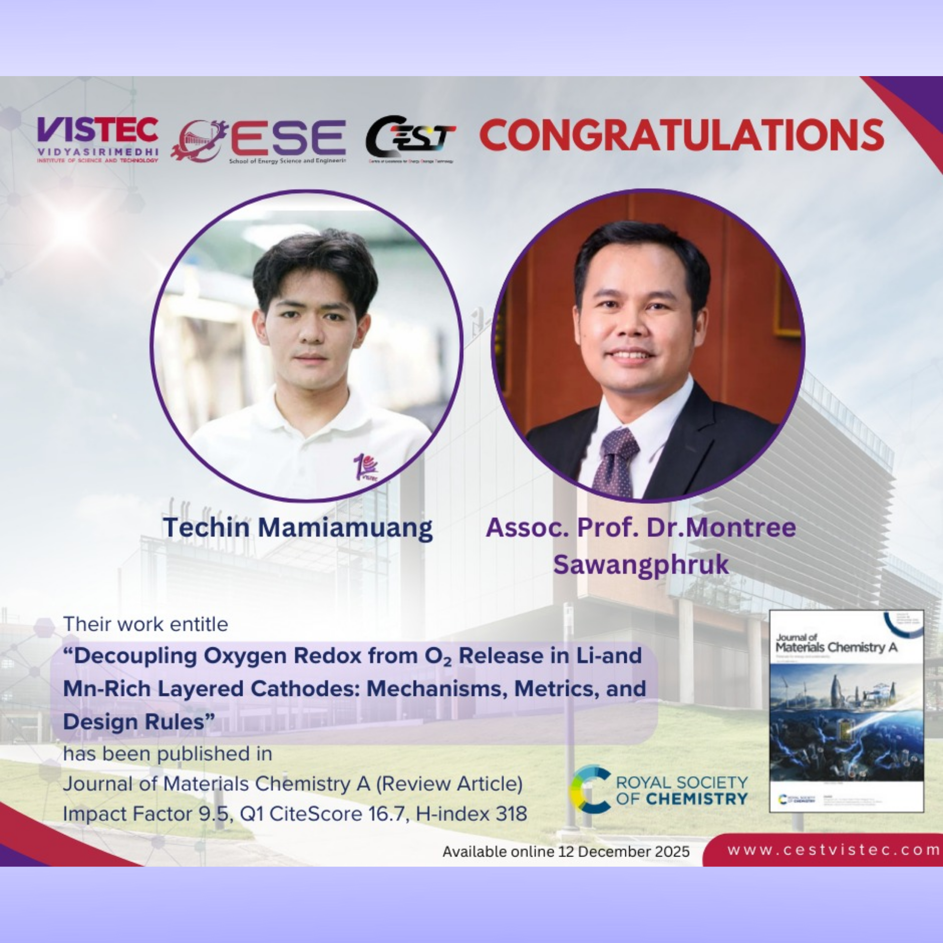 Big CONGRATULATIONS! to  Techin Mamiamuang and  Assoc. Prof. Dr. Montree Sawangphruk*