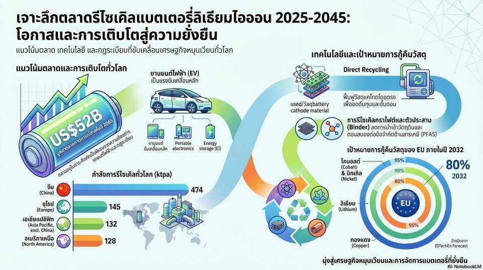  ตลาดรีไซเคิลแบตเตอรี่ลิเธียมไอออน 20252045: เกมเปลี่ยนของอุตสาหกรรมแบตเตอรี่โลก