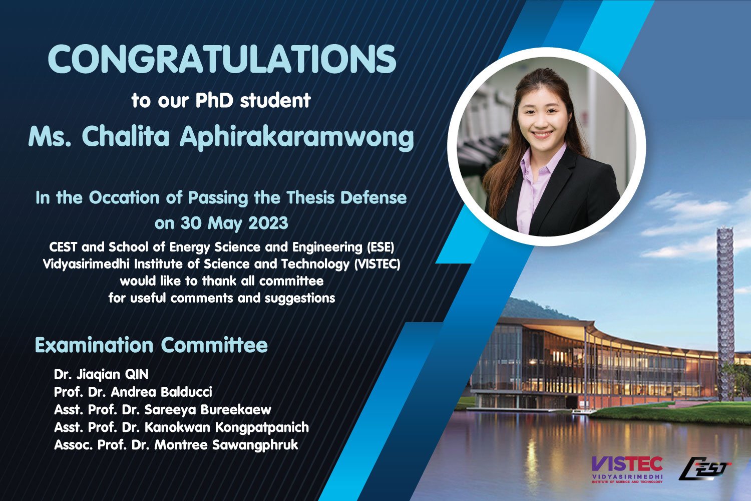 CONGRATULATIONS !!! to our PhD student Ms. Chalita Aphirakaramwong