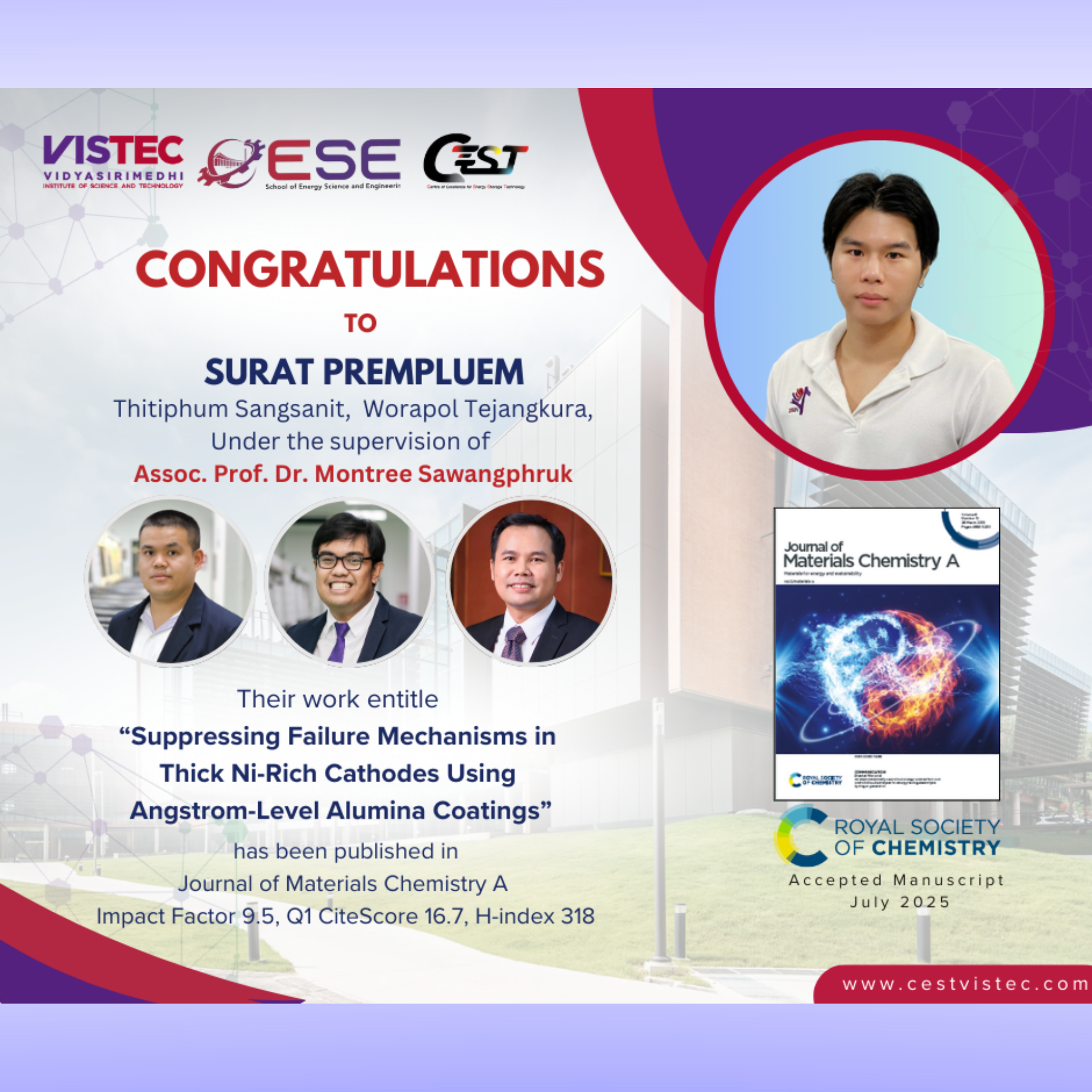 Congratulations! to  Surat Prempluem, Thitiphum Sangsanit,  Worapol Tejangkura, Under the supervision of  Assoc. Prof. Dr. Montree Sawangphruk
