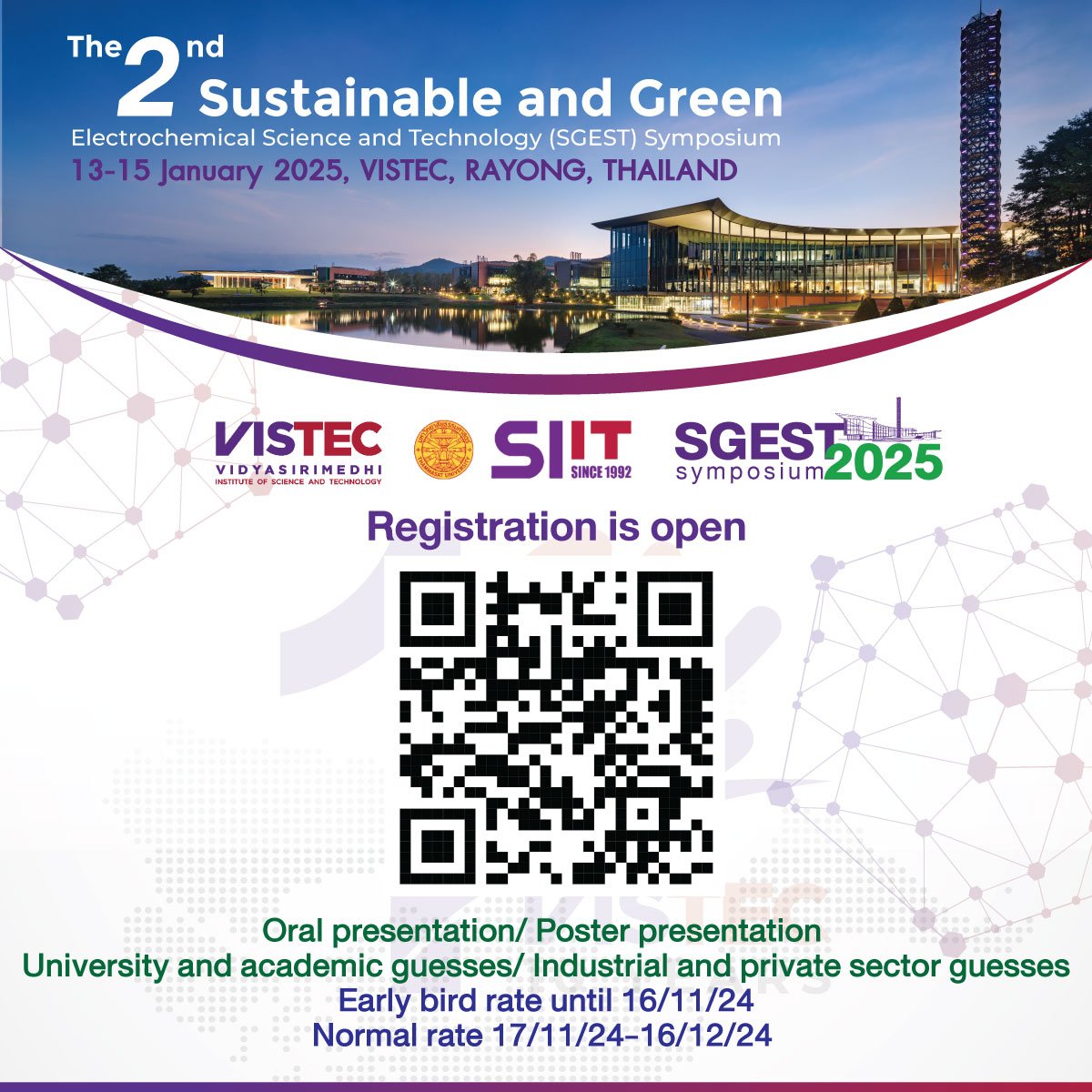 SGEST2025 Registration is Now Open! Join us for the SGEST2025 at VISTEC, Rayong, Thailand on 13-15 January 2025. Discover the latest advancements in electrochemical science and technology.