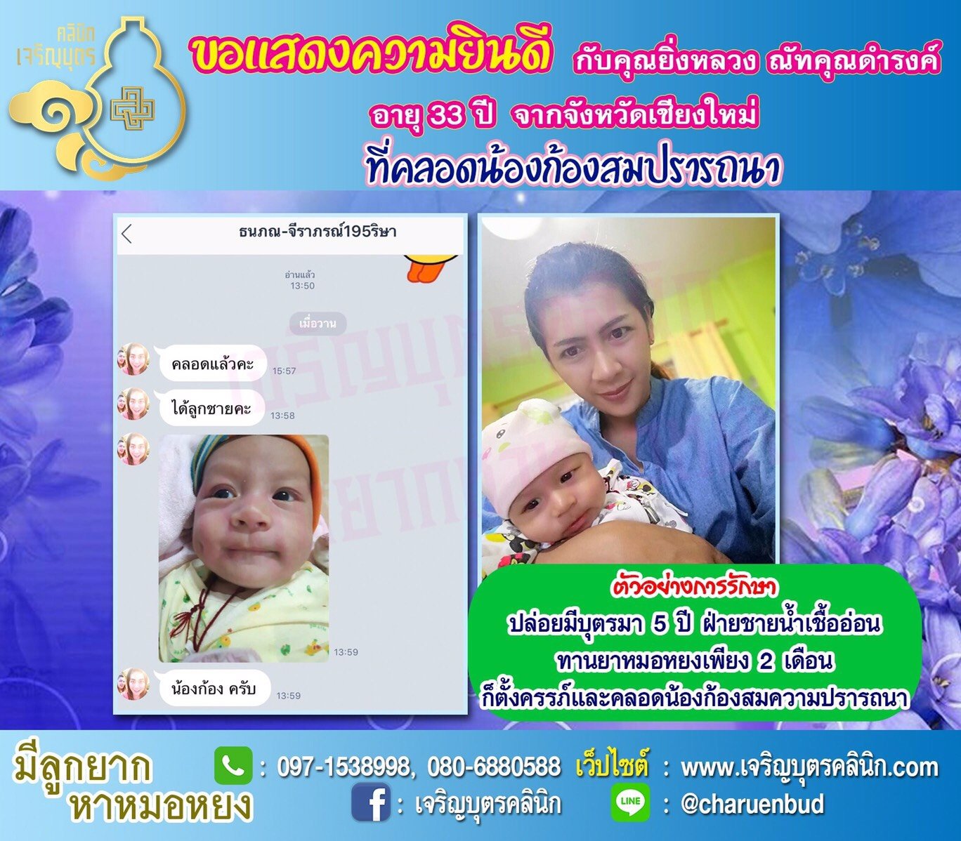 คุณยิ่งหลวง ณัทคุณดำรงค์ อายุ 33 ปี และคุณธนภณ ณัทคุณดำรงค์ อายุ 34 ปี จากเชียงใหม่ ที่ได้คลอดน้องก้องเป็นที่เรียบร้อยแล้ว