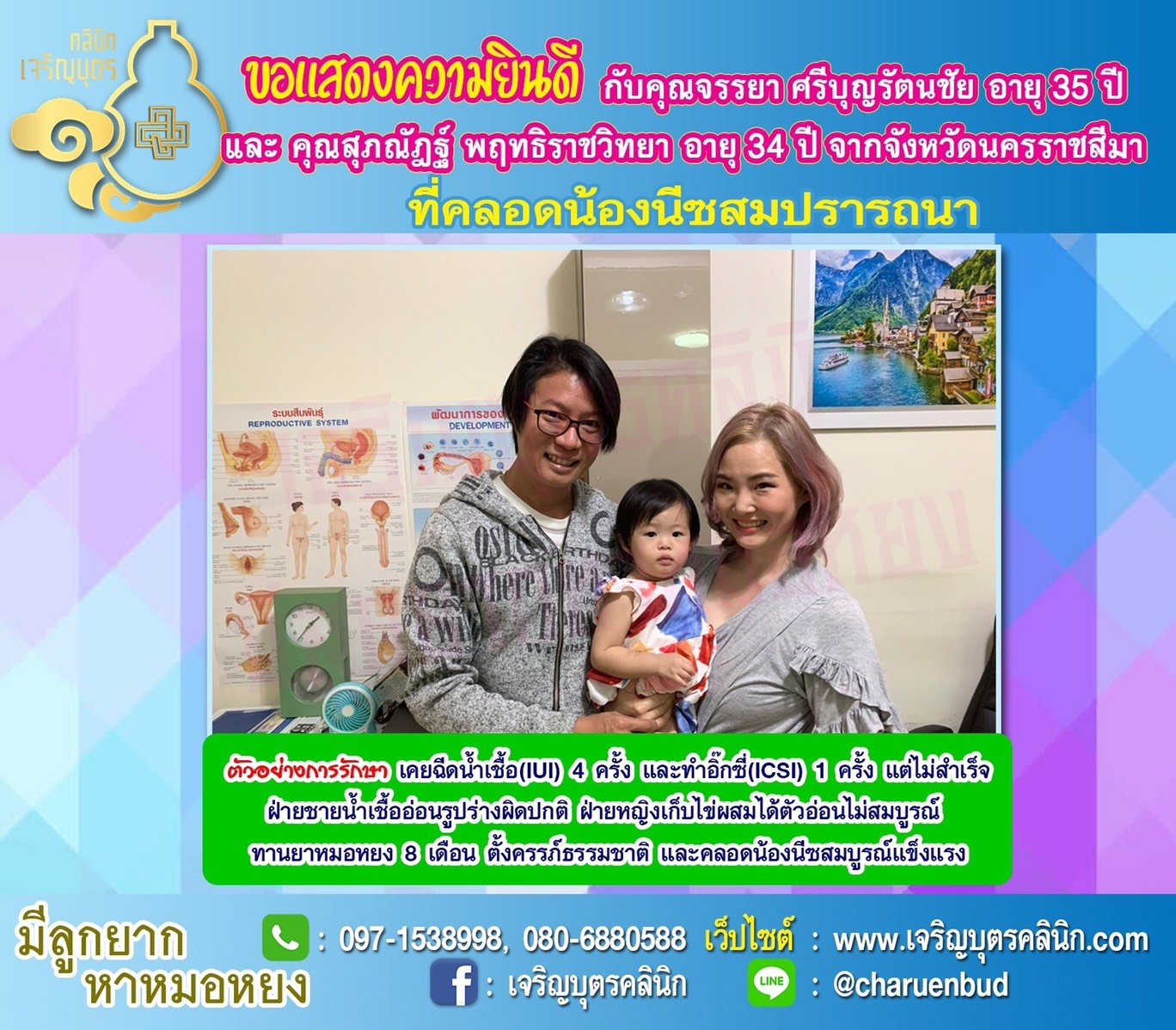 คุณจรรยา ศรีบุญรัตนชัย อายุ 35 ปี และ คุณสุภณัฎฐ์ พฤทธิราชวิทยา อายุ 34 ปี จากจังหวัดนครราชสีมา ได้คลอดน้องนีซเป็นที่เรียบร้อยแล้ว
