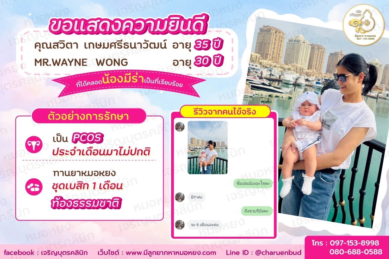 คุณสวิตา  เกษมศรีธนาวัฒน์  อายุ 35  ปี และ MR.WAYNE   WONG. อายุ 3 0 ปีที่ได้คลอดน้องมีร่าเป็นที่เรียบร้อย