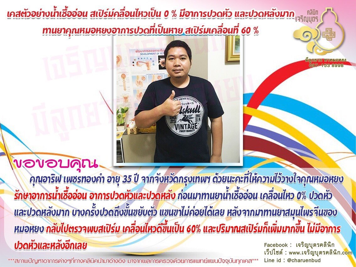 คุณอาริฟ เพชรทองคำ อายุ 35 ปี จากจังหวัดกรุงเทพฯ ที่ให้ความไว้วางใจคุณหมอหยงรักษาอาการน้ำเชื้ออ่อน อาการปวดหัวและปวดหลัง 