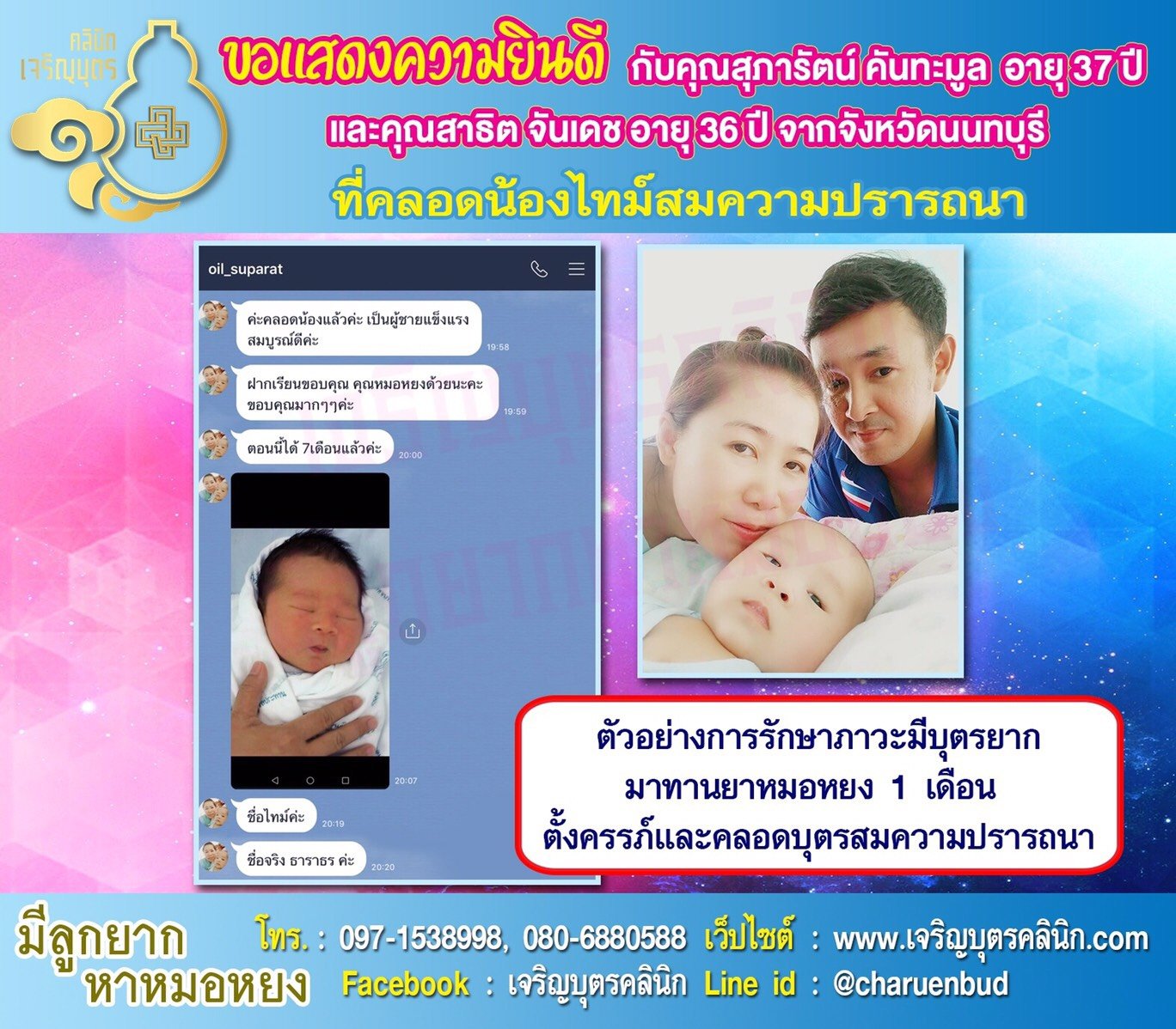 คุณสุภารัตน์ คันทะมูล อายุ 37 ปี และคุณสาธิต จันเดช อายุ 36 ปี จากนนทบุรี ได้คลอดไทม์เป็นที่เรียบร้อยแล้ว