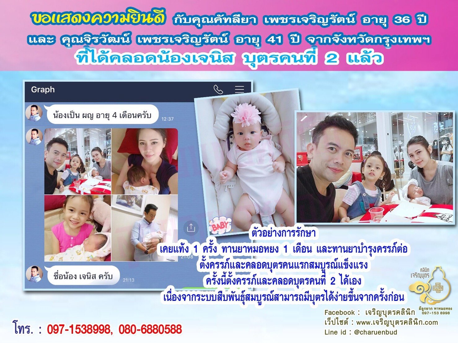 คุณคัทลียา เพชรเจริญรัตน์ อายุ 36 ปี และ คุณจิรวัฒน์ เพชรเจริญรัตน์ อายุ 41 ปี จากกรุงเทพฯ ที่ได้คลอดน้องเจนิส บุตรคนที่ 2 เรียบร้อยแล้ว