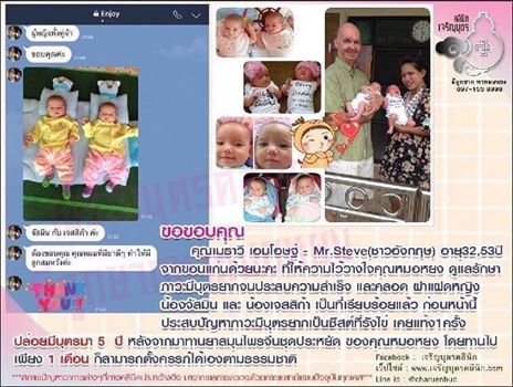 คุณเมธาวี เอมโอษฐ์ - Mr.Steve(ชาวอังกฤษ) อายุ32,53ปี จากขอนแก่น ให้ความไว้วางใจคุณหมอหยง ดูแลรักษาภาวะมีบุตรยากจนประสบความสำเร็จ และคลอด ฝาแฝดหญิง