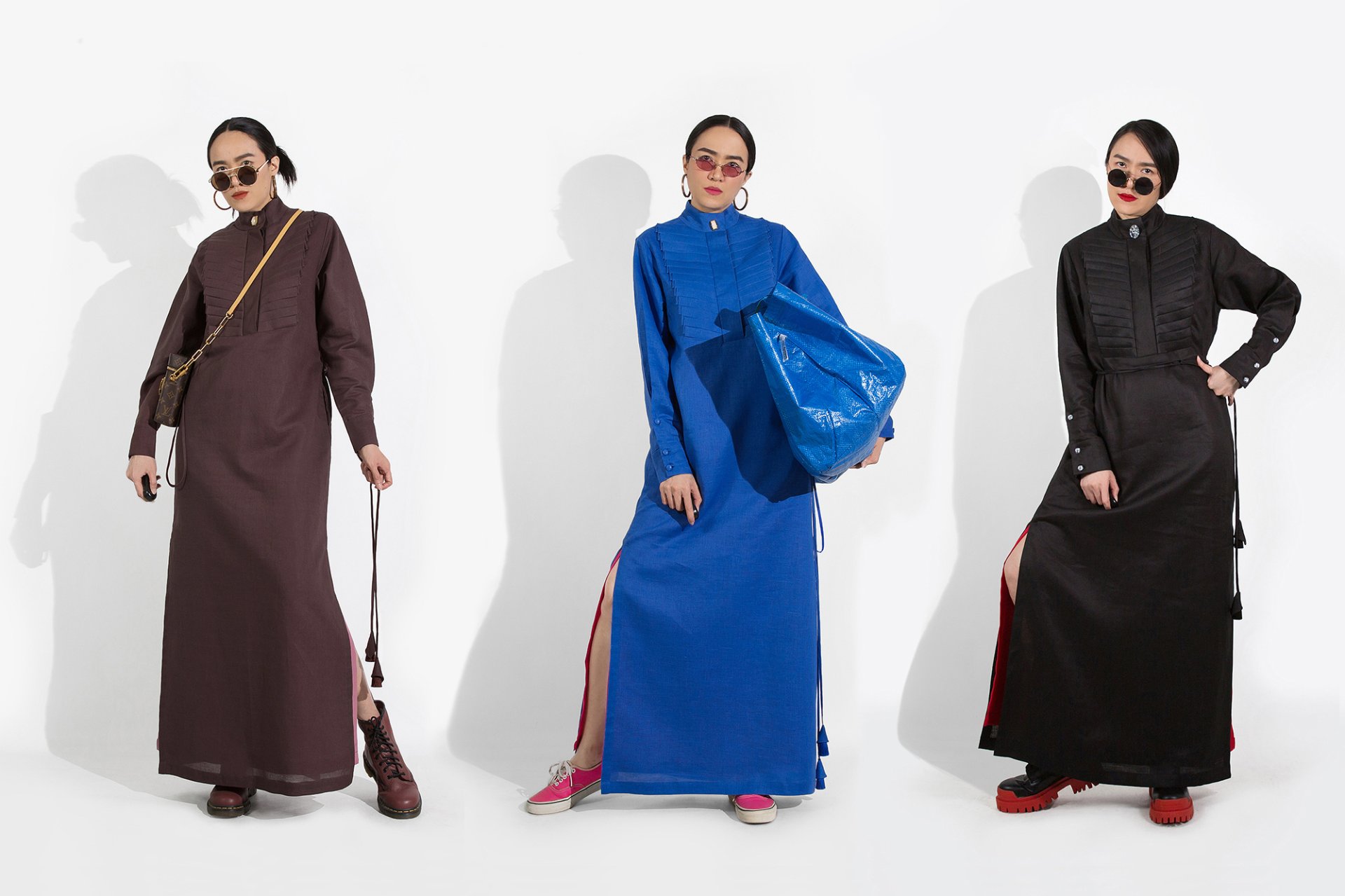 BLACK LINEN with CRYSTAL BUTTONS  MAXI DRESS - ชุดแม็กซี่เดรสลินิน สีดำ ตกแต่งกระดุมคริสตัล งานดีไซน์พรีเมียม