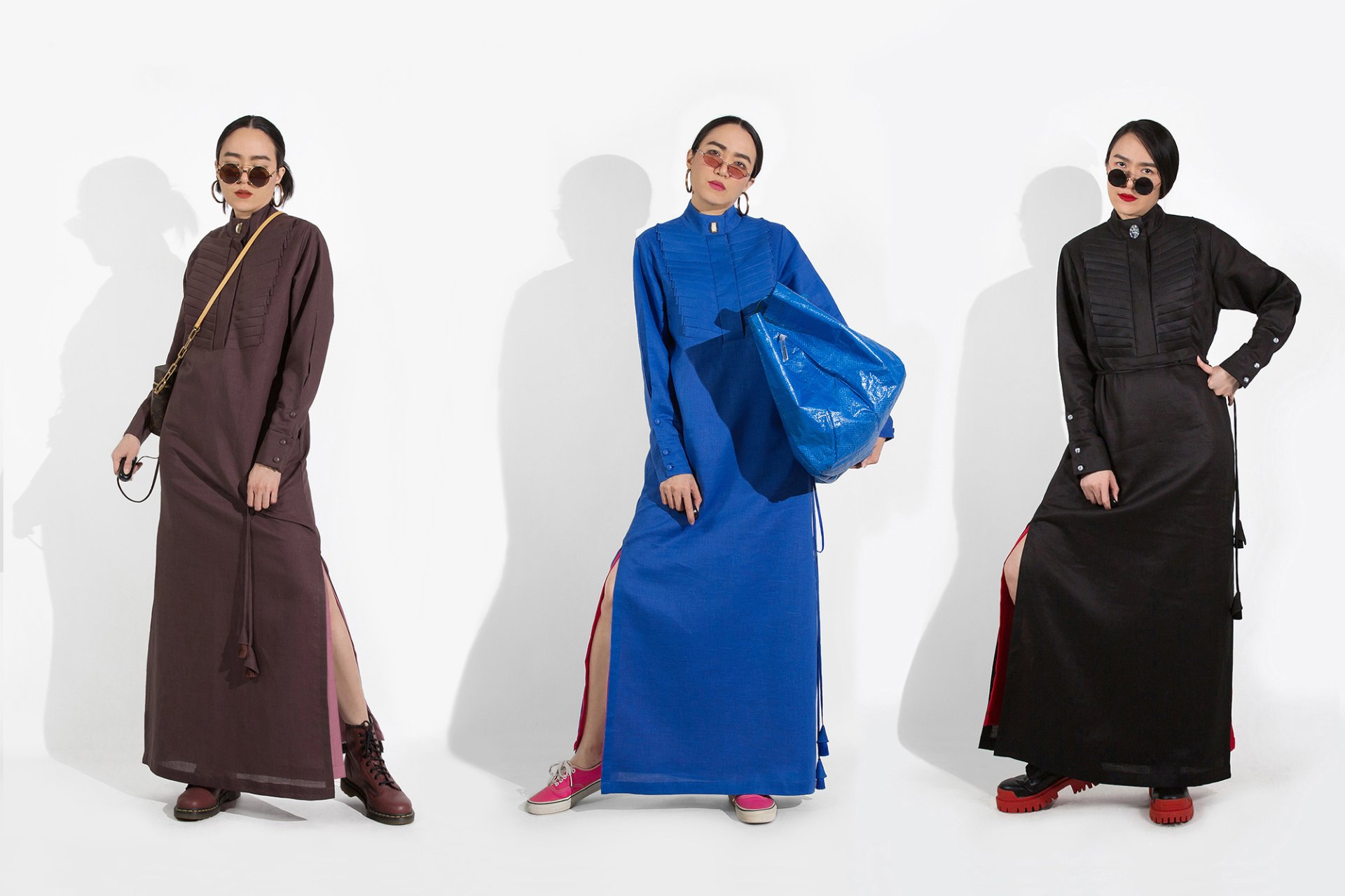 BLACK LINEN with CRYSTAL BUTTONS  MAXI DRESS - ชุดแม็กซี่เดรสลินิน สีดำ ตกแต่งกระดุมคริสตัล งานดีไซน์พรีเมียม