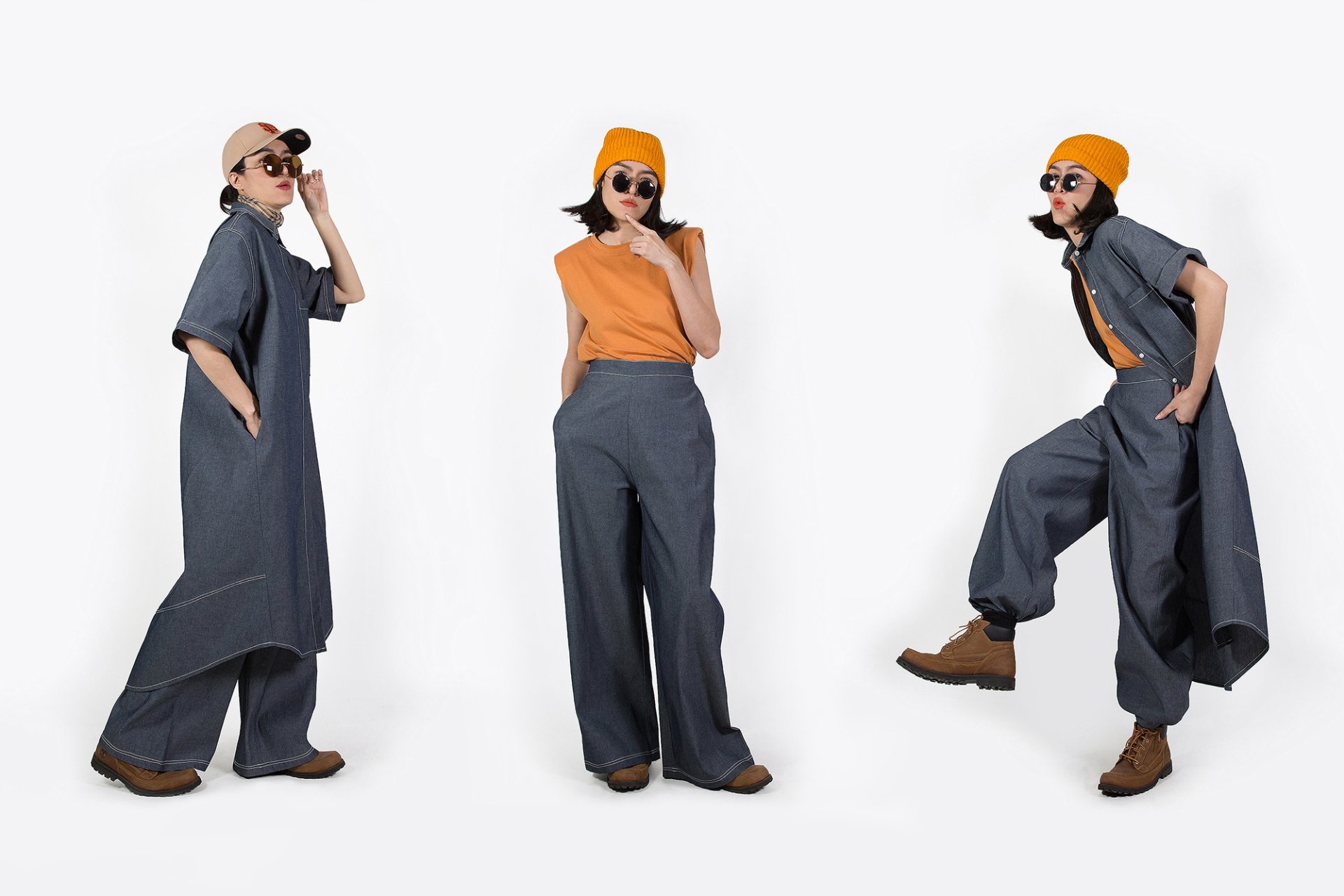  OVERSIZED DENIM SHIRT DRESS  & PANTS SET  - ชุดเซ็ทเดนิมเดรสโอเวอร์ไซส์กับกางเกงขากระบอกใหญ่