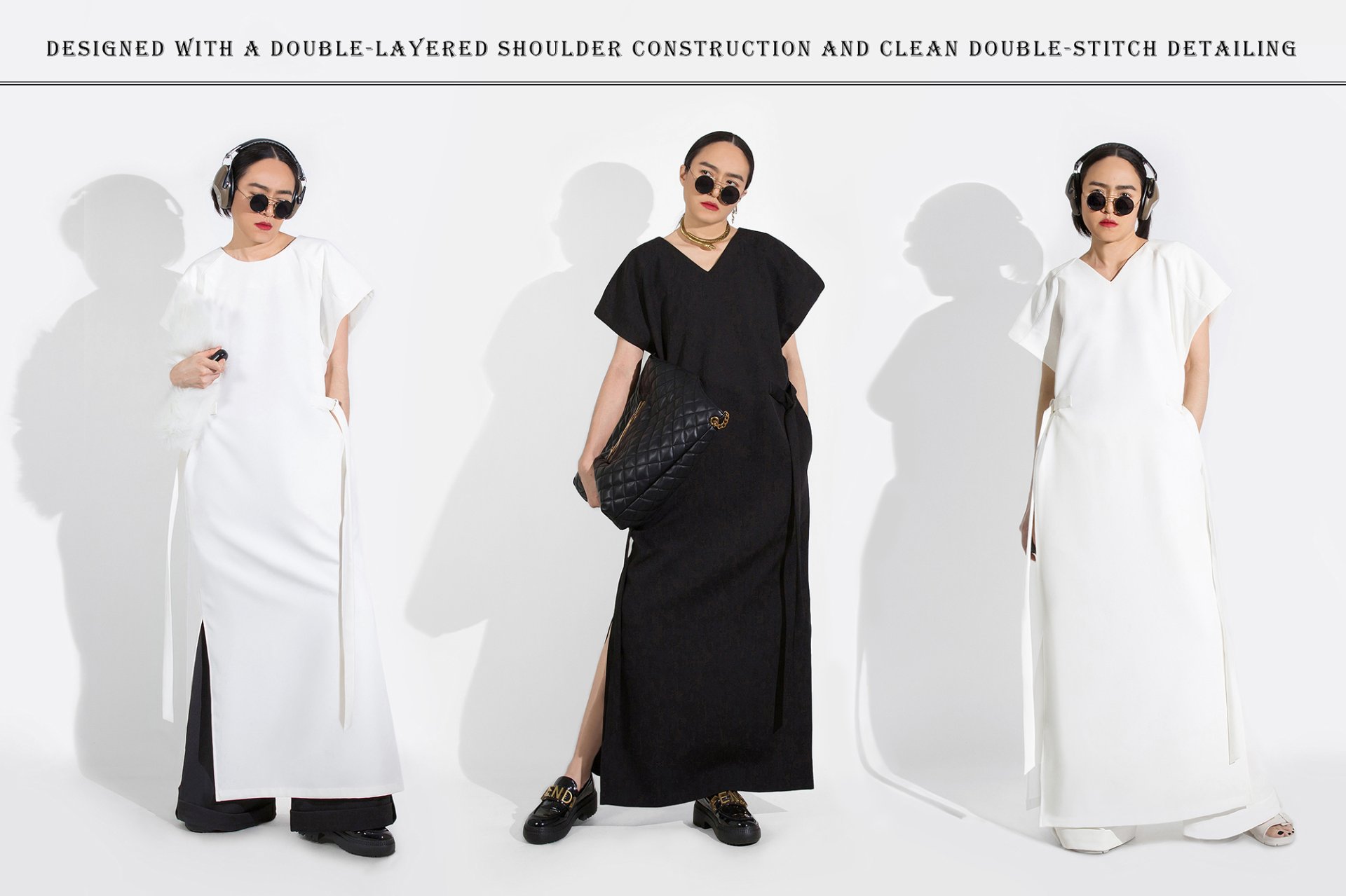 BLACK SOFT STRUCTURED SHOULDER MAXI DRESS   - มินิมอลแม็กซี่เดรสสีดำ โครงสร้างไหล่สองชั้นแบบ double layered