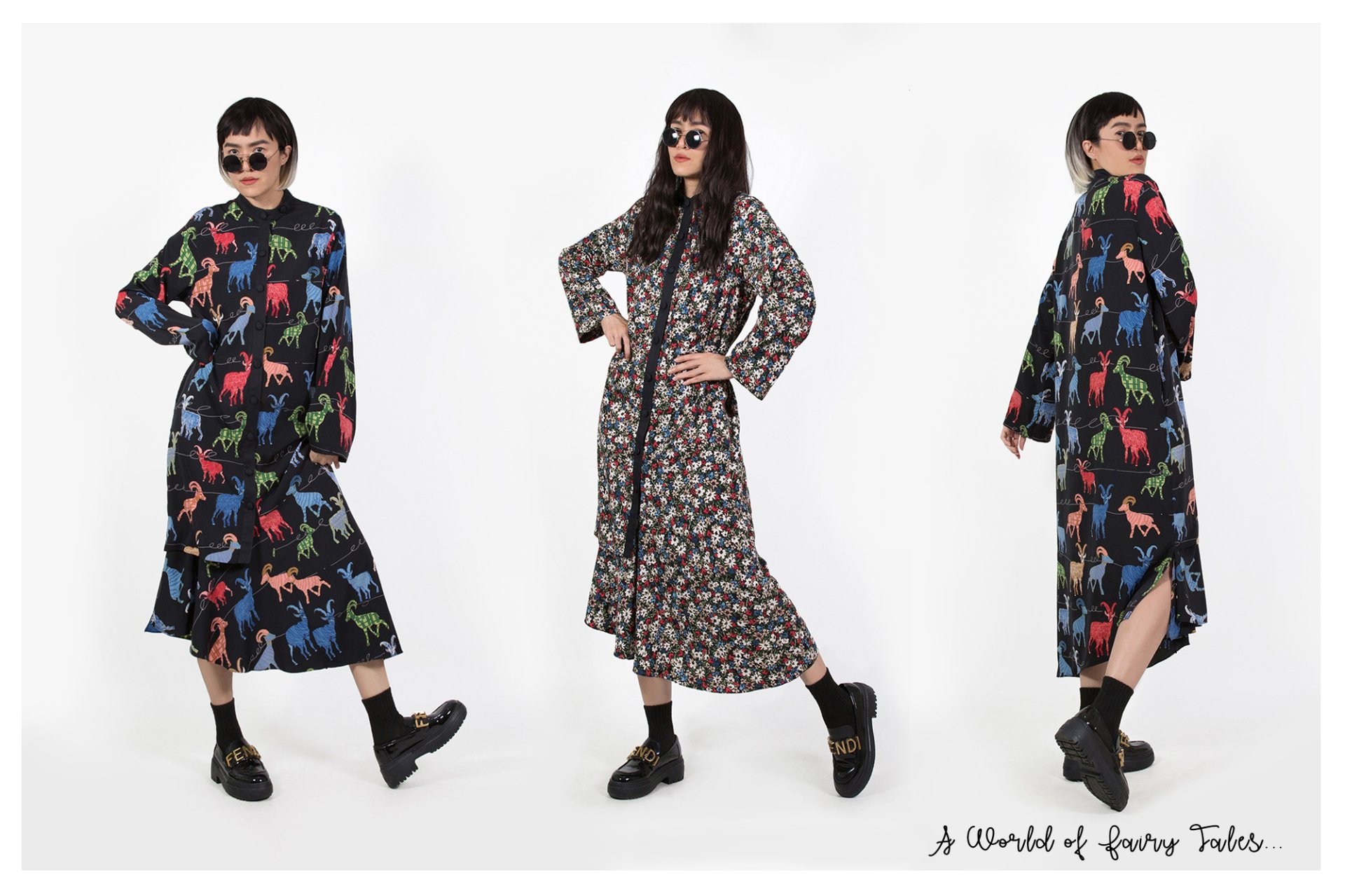 เดรสยาวคอปีน ทรงป้าย ชายระบายเฉลียง ลายพิมพ์แกะบิ๊กฮอร์น - ORIENTAL BREEZE WRAP DRESS (BIGHORN SHEEP)