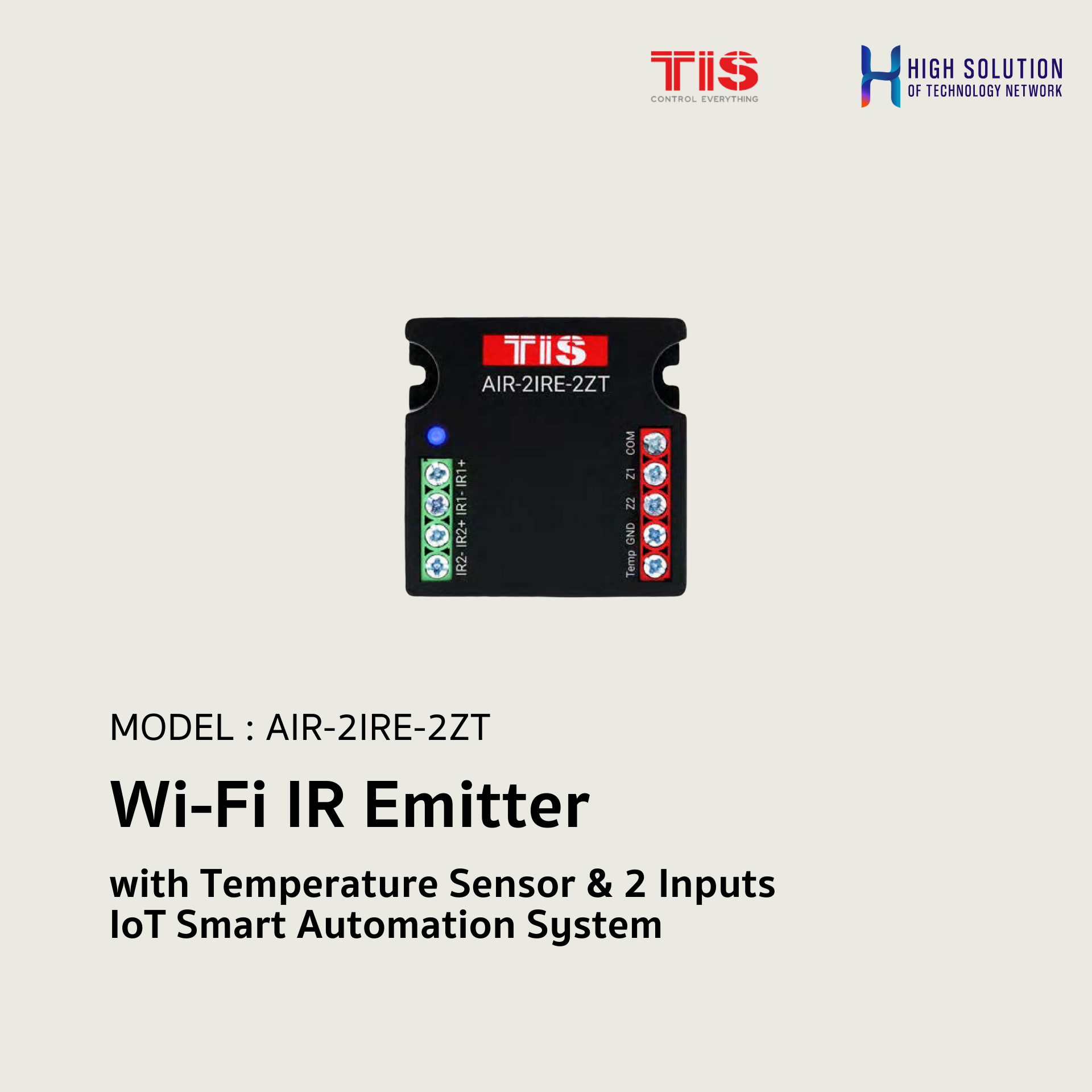 AIR-2IRE-2ZT, TIS, Wi-Fi IR Emitter with Temperature Sensor & 2 Inputs - IoT Smart Automation System