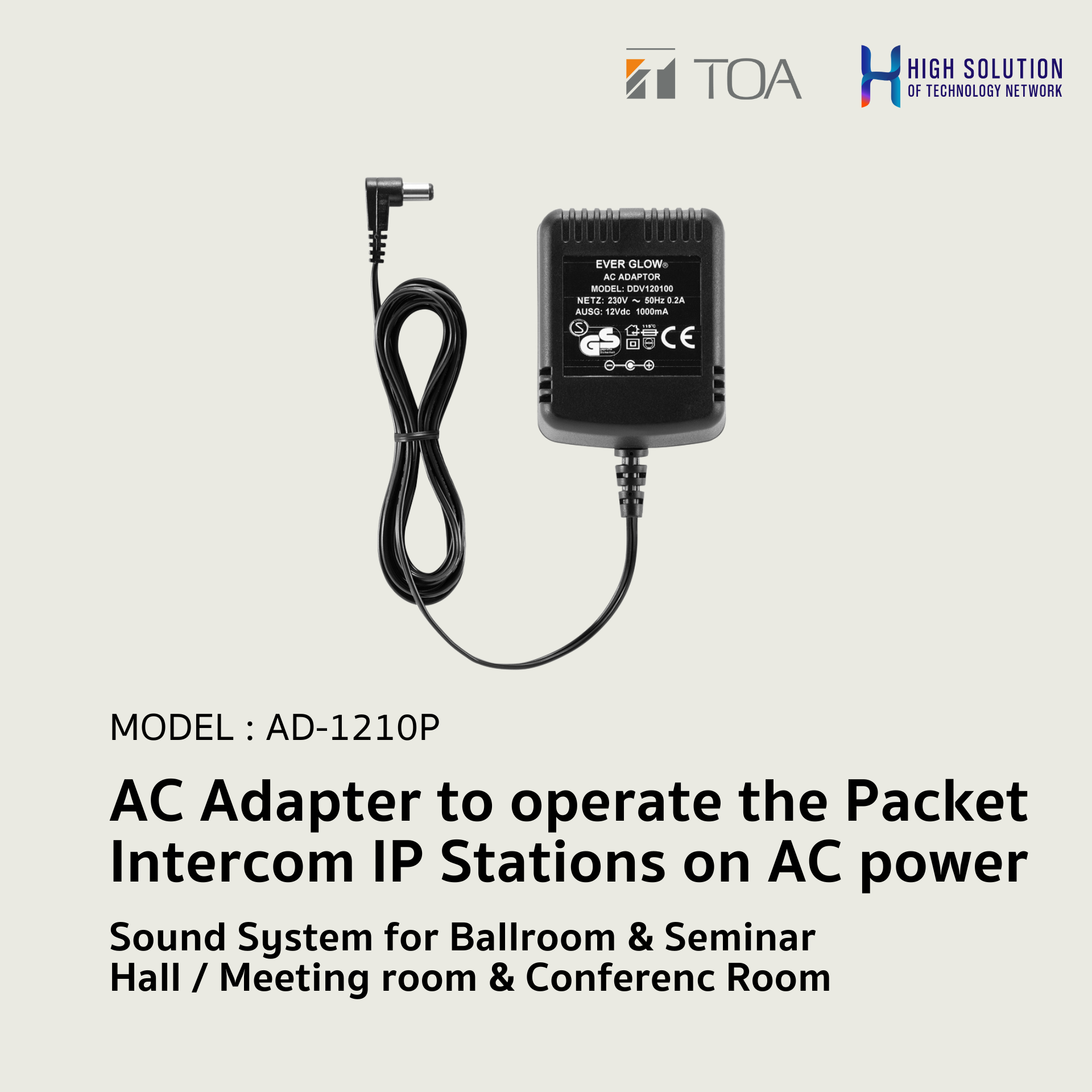 AD-1210P (TOA) AC Adapter to operate the Packet Intercom IP Stations on AC power / Sound System for Ballroom & Seminar Hall / Meeting room & Conference Room