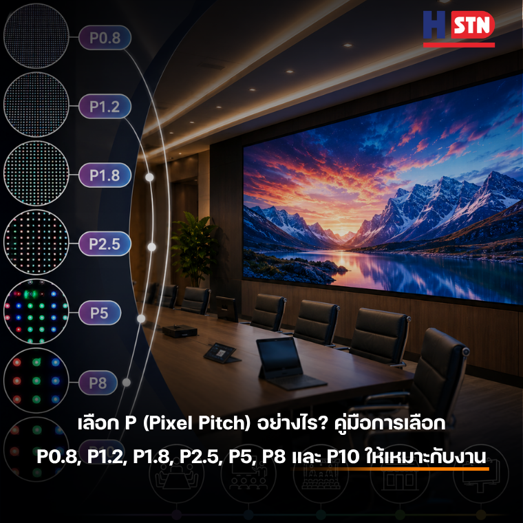 เลือก P (Pixel Pitch) อย่างไร? คู่มือการเลือก P0.8, P1.2, P1.8, P2.5, P5, P8 และ P10 ให้เหมาะกับงาน
