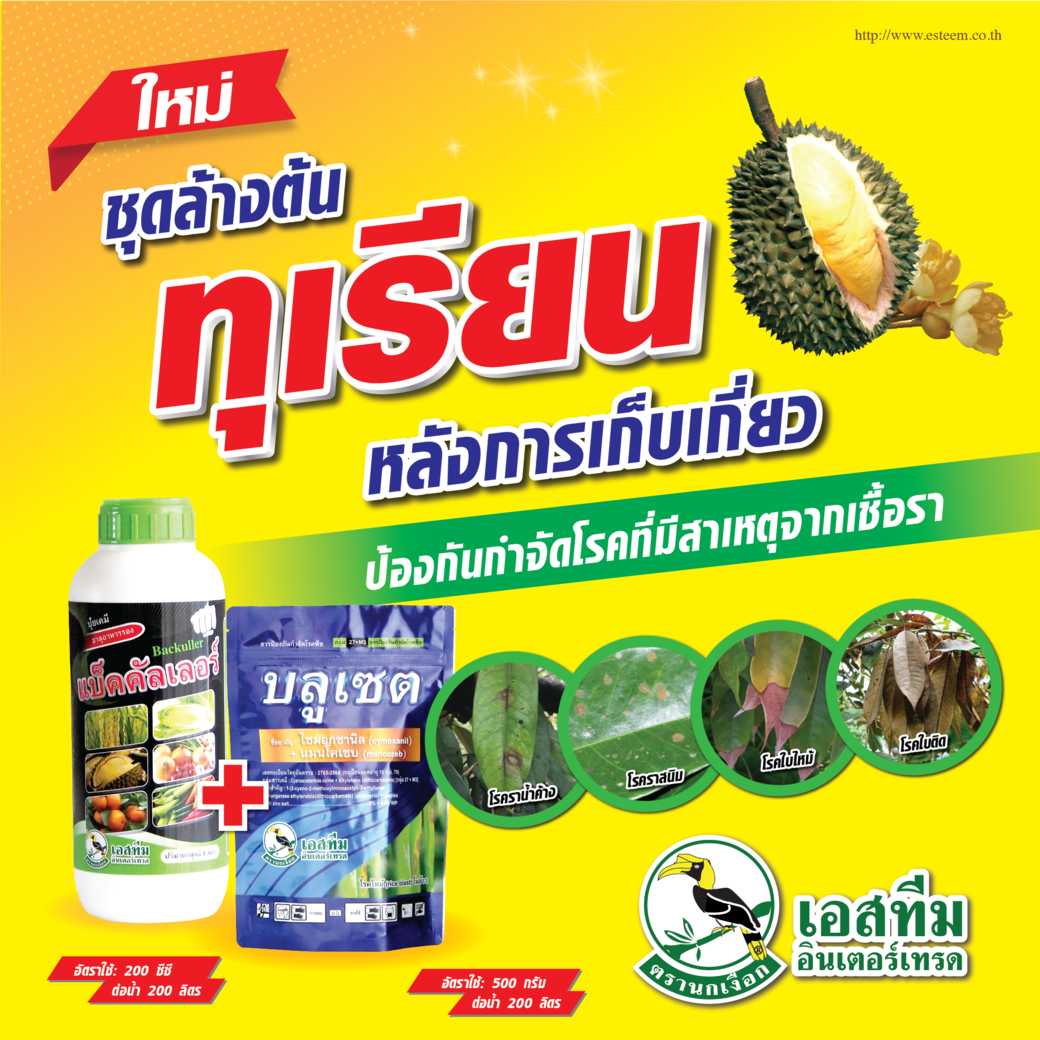 ชุดล้างต้นทุเรียน หลังการเก็บเกี่ยว ป้องกันกำจัดโรคพืชที่เกิดจากเชื้อรา แบ็คคัลเลอร์ + บลูเซต
