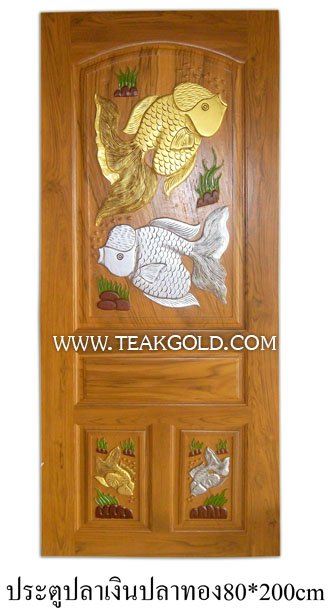 ประตูไม้สักแกะปลาเงินปลาทอง_002