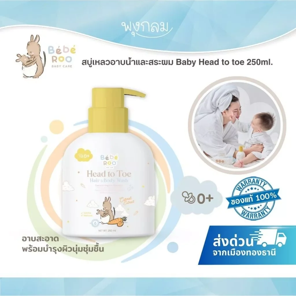 BEBE ROO สบู่เหลวอาบน้ำและสระผมเด็ก Head to Toe สูตรอ่อนโยน (250ml.) (0m+)