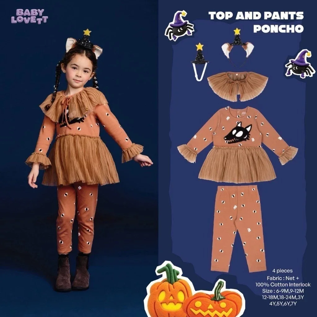 BabyLovett 02 Boo Halloween Top Pants & Poncho ชุดแฟนซีเด็ก 4 ชิ้น พร้อมผ้าคลุมและที่คาดผมหูแมว