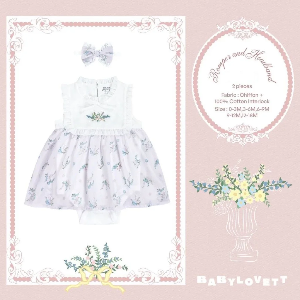 BabyLovett Villa Fontaine Collection Dress No.12 ชุดเดรสเด็กพิมพ์ลาย ตกแต่งระบาย โบว์ และลายปัก