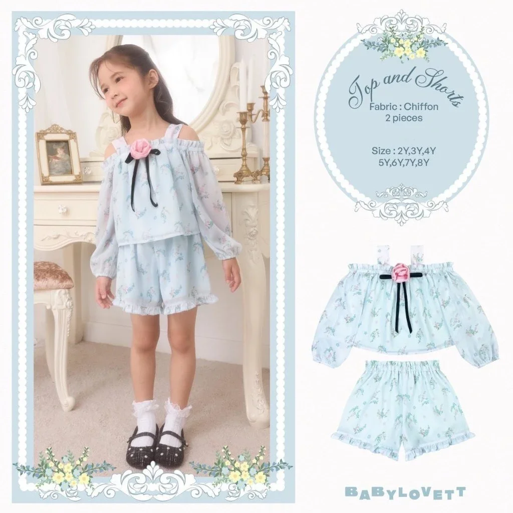 BabyLovett Villa Fontaine Collection Top & Shorts Set ชุดเซ็ตเด็กผ้า Chiffon สีฟ้าพิมพ์ลาย ปาดไหล่