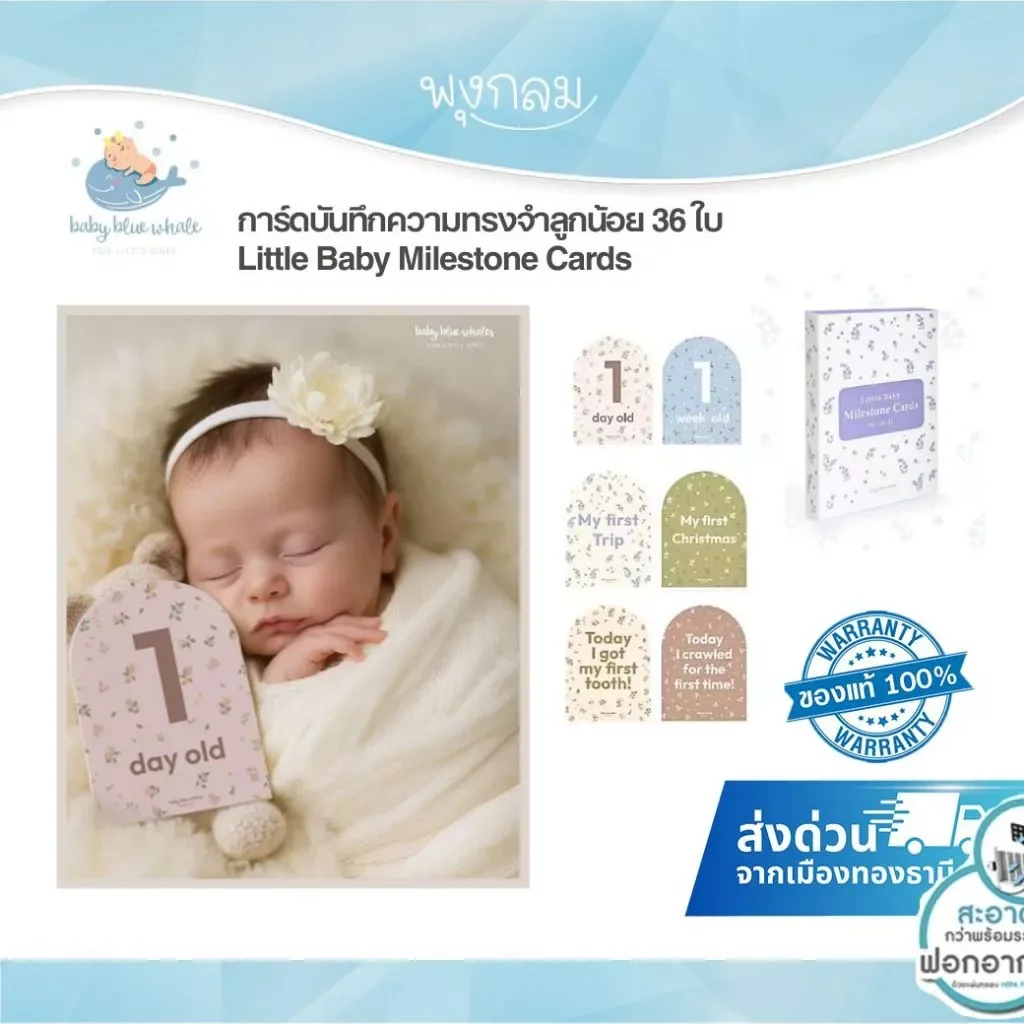 Baby Blue Whales การ์ดบันทึกความทรงจำลูกน้อย 36 ใบ Little Baby Milestone Cards