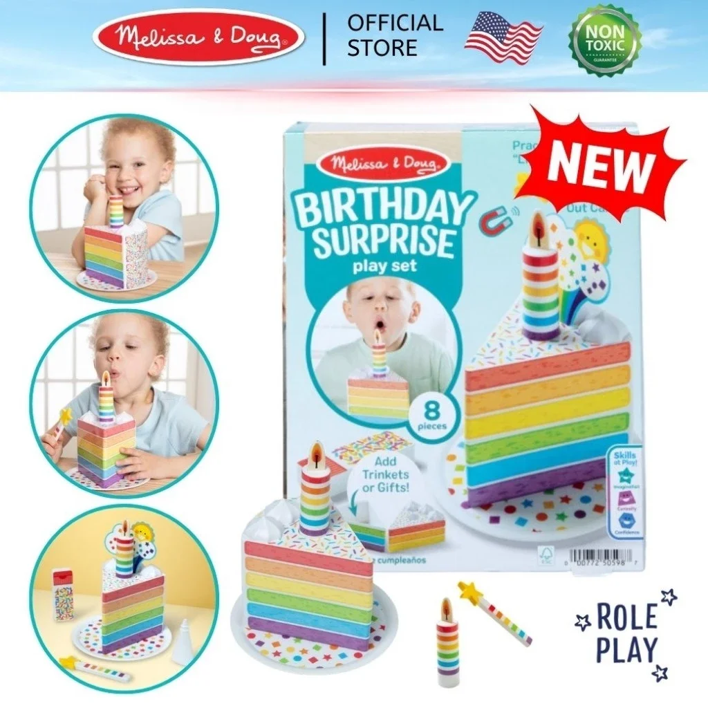 Melissa & Doug Birthday Wish Candle Cake ของเล่นเค้กวันเกิดไม้ เป่าเทียนได้ พร้อมอุปกรณ์ตกแต่งเค้ก (3y+)