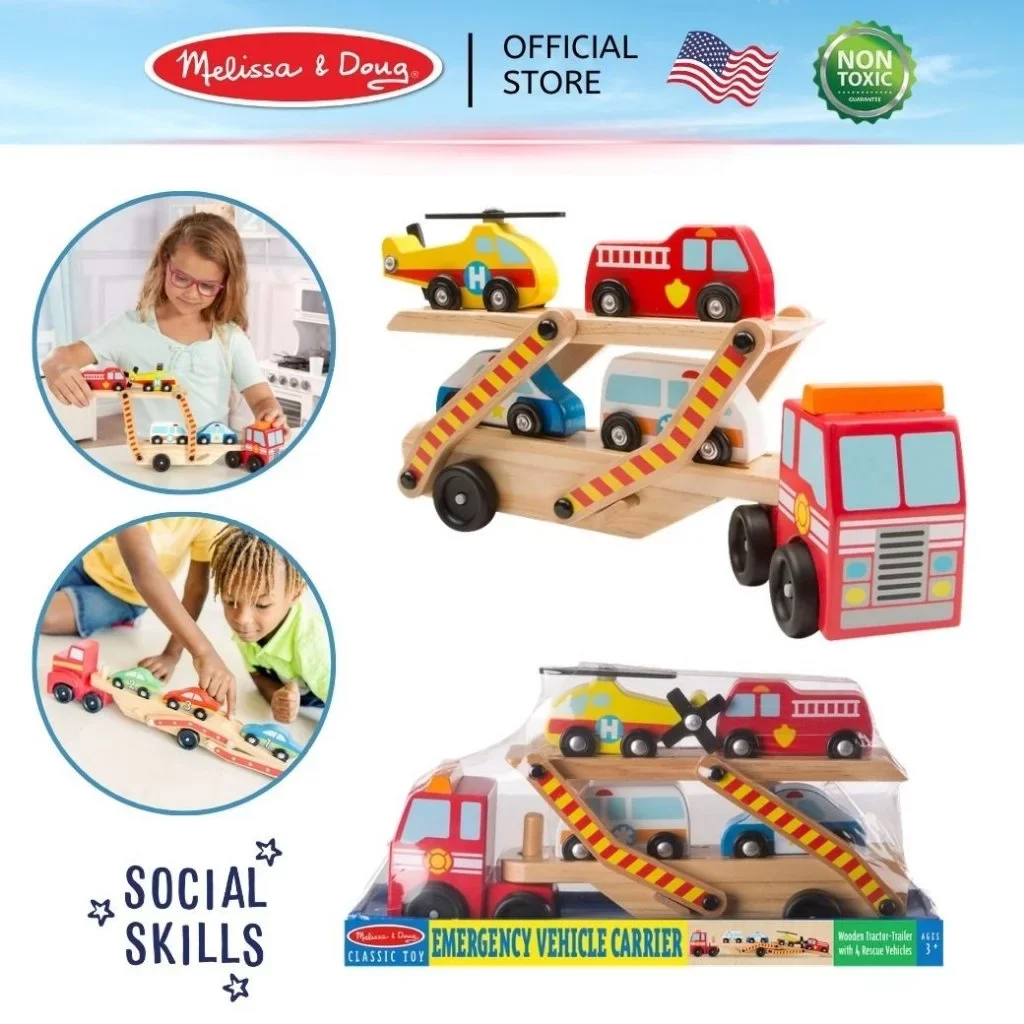 Melissa & Doug Emergency Vehicle Carrier รุ่น 4610 ชุดรถบรรทุกขนรถกู้ภัย พร้อมรถฉุกเฉินไม้ 4 คัน
