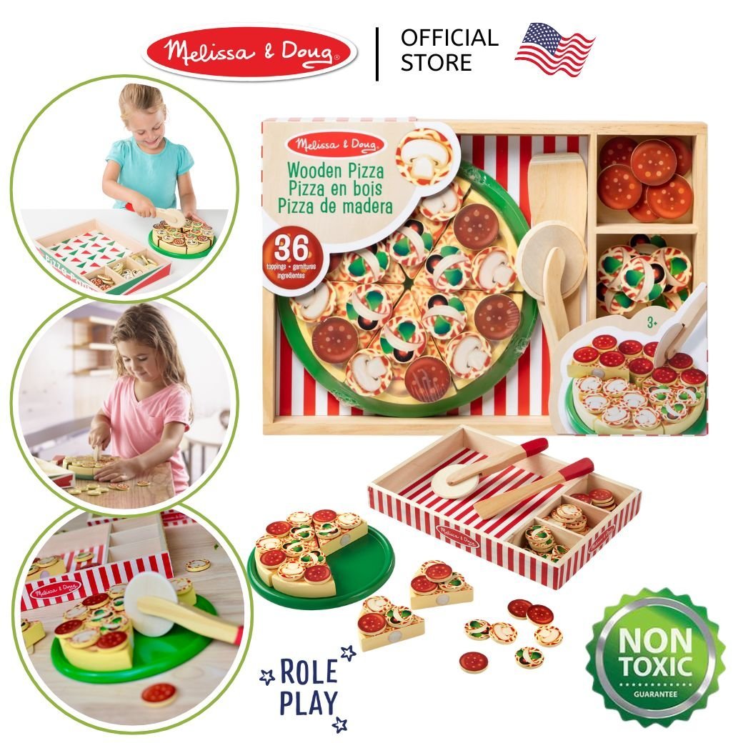 Melissa & Doug Pizza Party Wooden Play Food รุ่น 0167 ชุดพิซซ่าพร้อมถาดไม้ ตกแต่งหน้า เล่นทำอาหาร