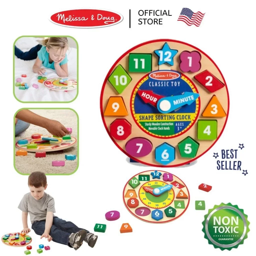Melissa & Doug Shape Sorting Clock รุ่น 8593 นาฬิกาไม้สอนเวลา พัซเซิลแยกรูปทรง เข็มนาฬิกาหมุนได้