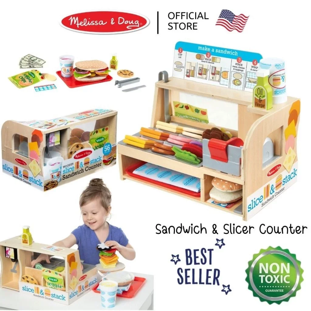 Melissa & Doug Slice & Stack Sandwich Counter รุ่น 31650 ชุดเคาน์เตอร์แซนวิชไม้ 52 ชิ้น ของเล่นบทบาทสมมติ