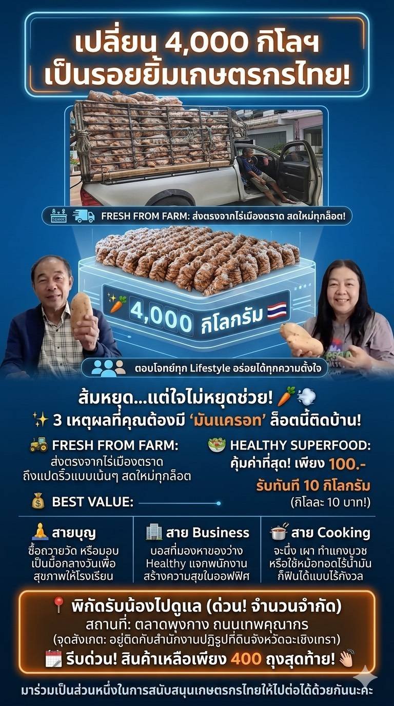 ประชาสัมพันธ์เกษตรกร มันแครอท ของจังหวัดตราด ประสบกับปัญหามันแครอท ล้นตลาด ขณะนี้ ยังเหลืออีก 4000 กิโลกรัม หอการค้าจังหวัดตราด ขอความอนุเคราะห์สนับสนุน จากคณะกรรมการและสมาชิกหอการค้าจังหวัดฉะเชิงเทรา หรือบุคคลที่สนใจ  ที่จะประสงค์ สนับสนุนมันแครอท หรือซื