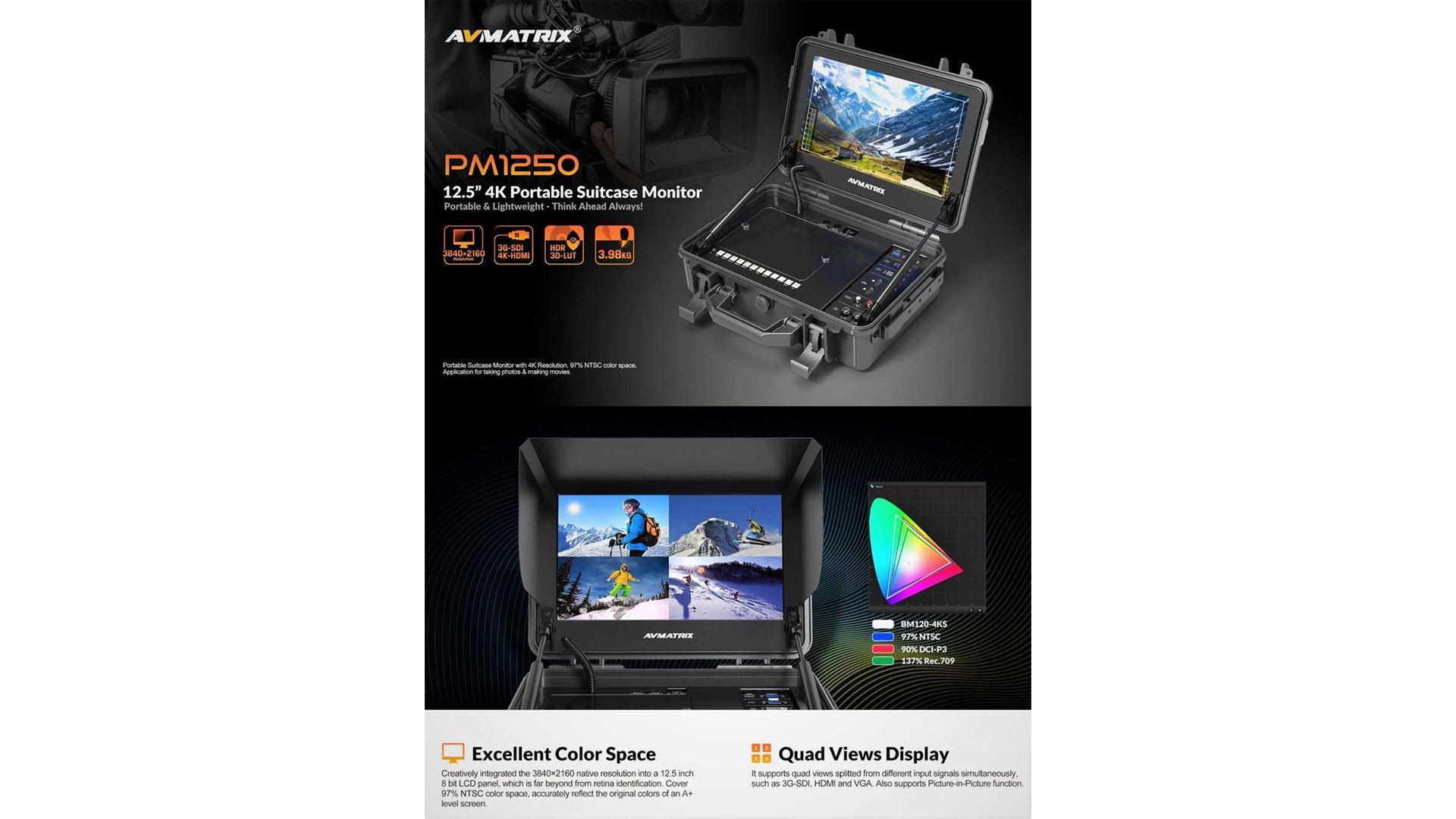PM1250 12.5″ 4K HDMI & 3G-SDI Portable Suitcase Monitor : Ressolution 3840×2160 up to 4096×2160 60P