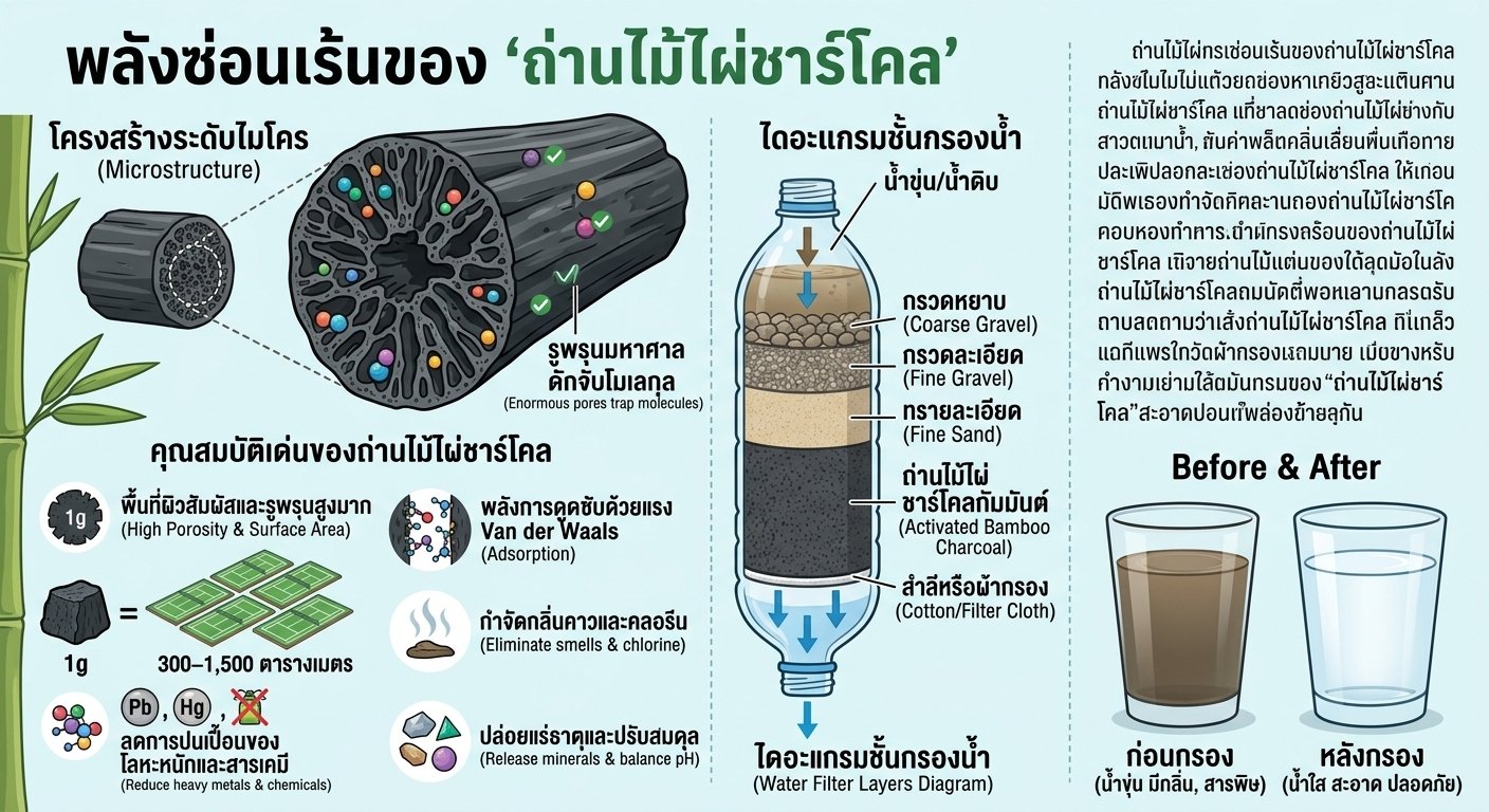 เปลี่ยนน้ำขุ่นให้เป็นน้ำใส ด้วยพลังซ่อนเร้นของ "ถ่านไม้ไผ่ชาร์โคล"