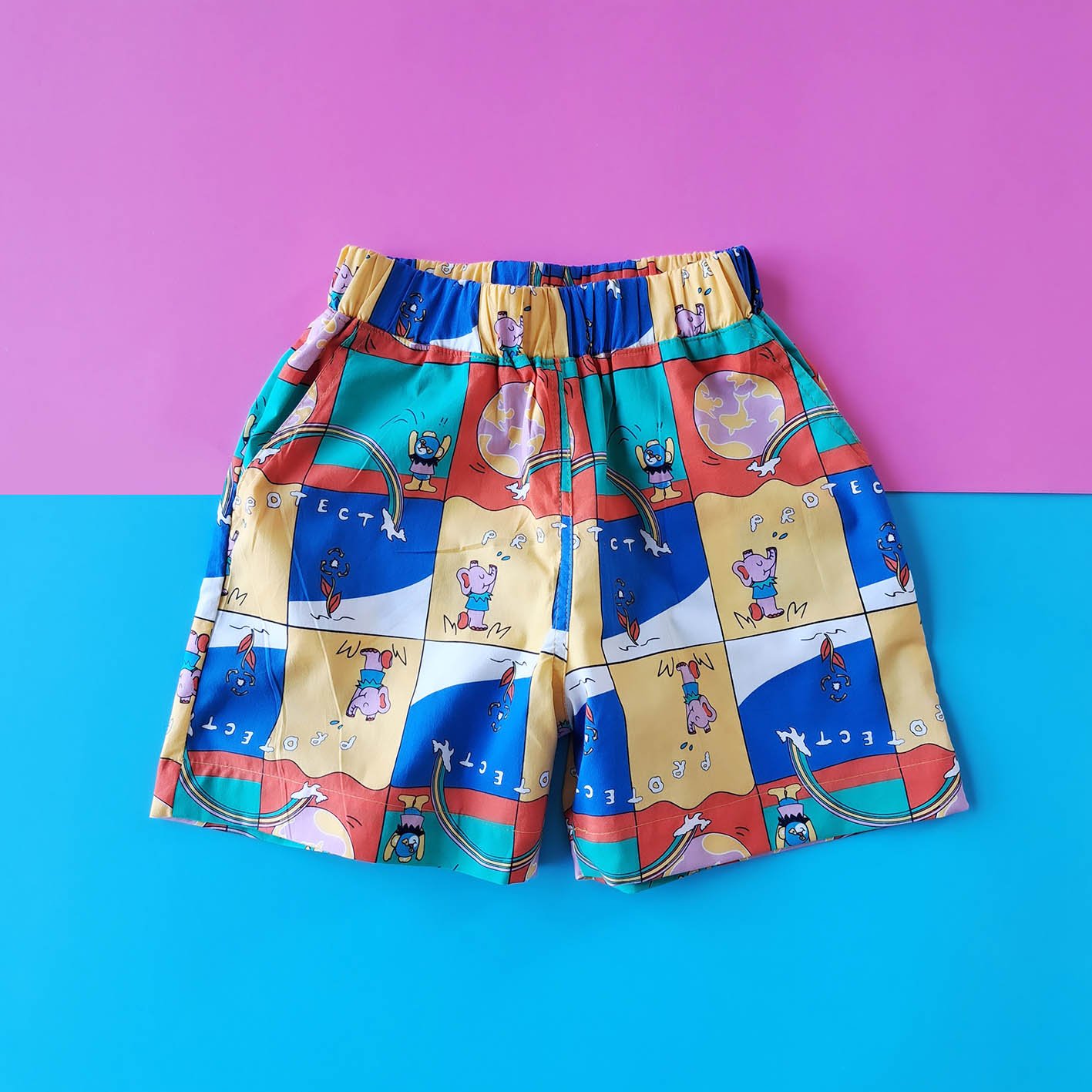 BOYS & GIRLS ELASTIC WAISTBAND PROTECT OUR WORLD SHORTS / 100% PRINTED COTTON*PRE-ORDER SHIP OUT 3 MARCH